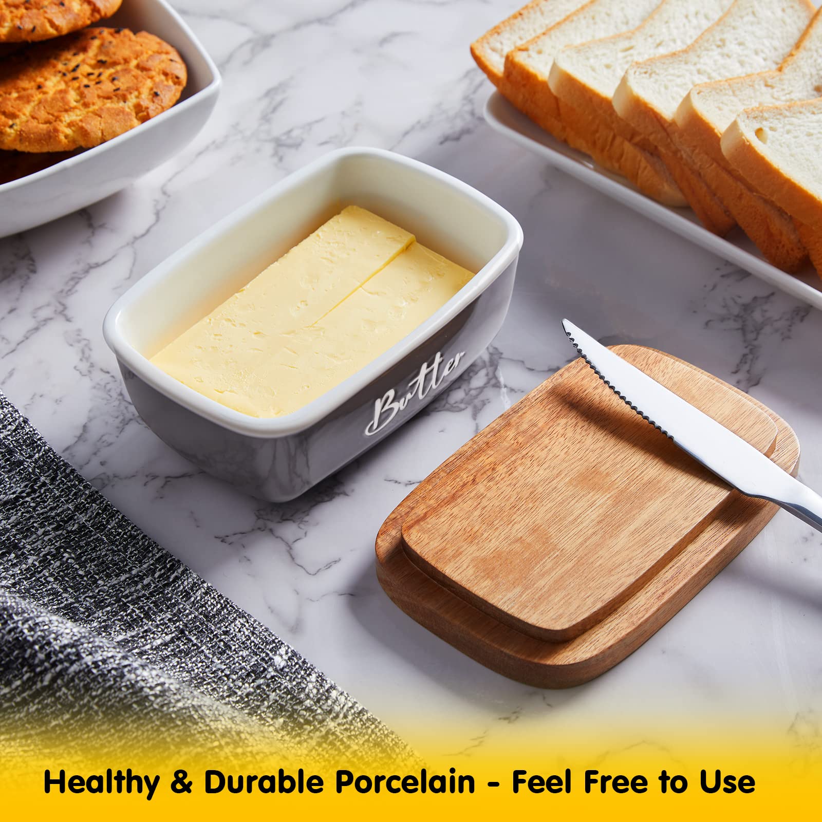 ALELION Large Gray Ceramic Butter Dish with Acacia Wood Lid - Modern Country Style Countertop Butter Container - Perfect for Kitchen Decor, Housewarming Gifts & Breakfast Table Setting