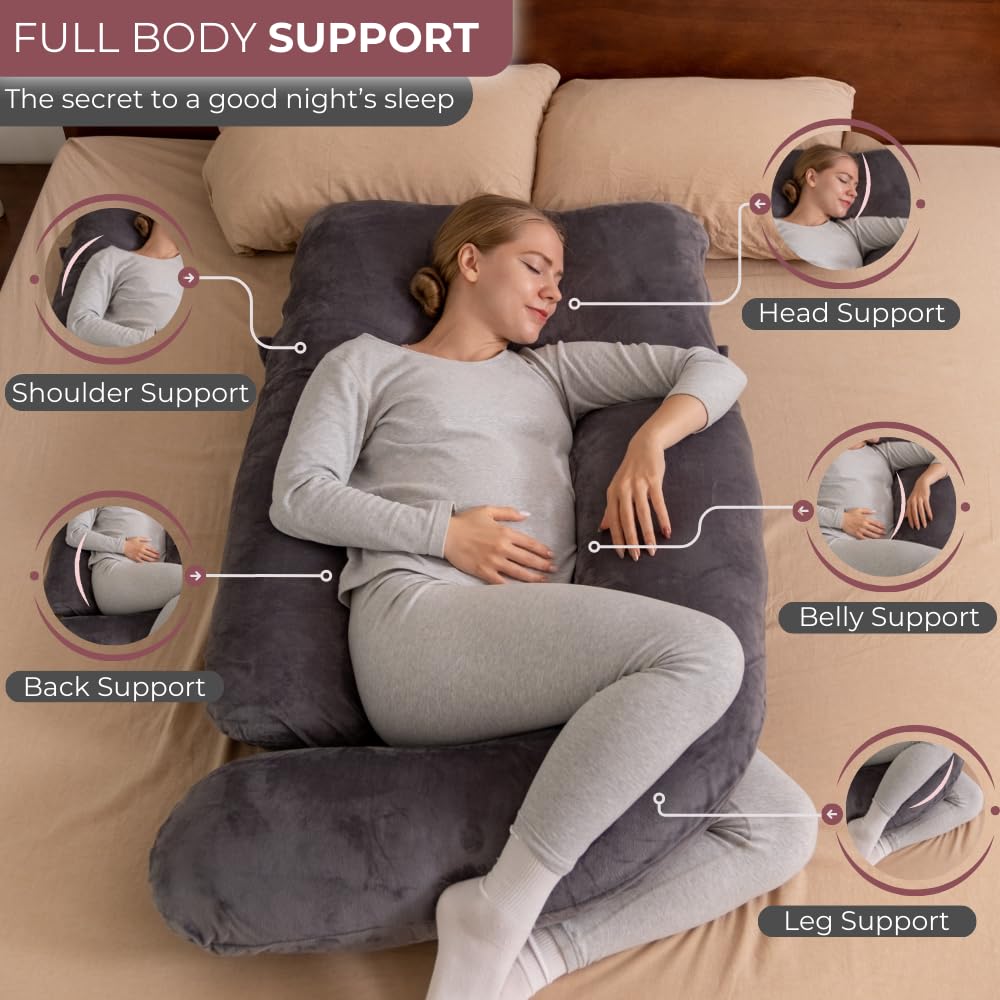 Malena Life G-Shaped Pregnancy Pillow with 2 Removable Covers | 50-inch Ergonomic Full Body Pillow for Sleeping, Maternity Support & Post-Surgery Recovery - Grey Velvet & Blue Cotton | Perfect for Side Sleepers, Pregnant Women & Recovery Patients