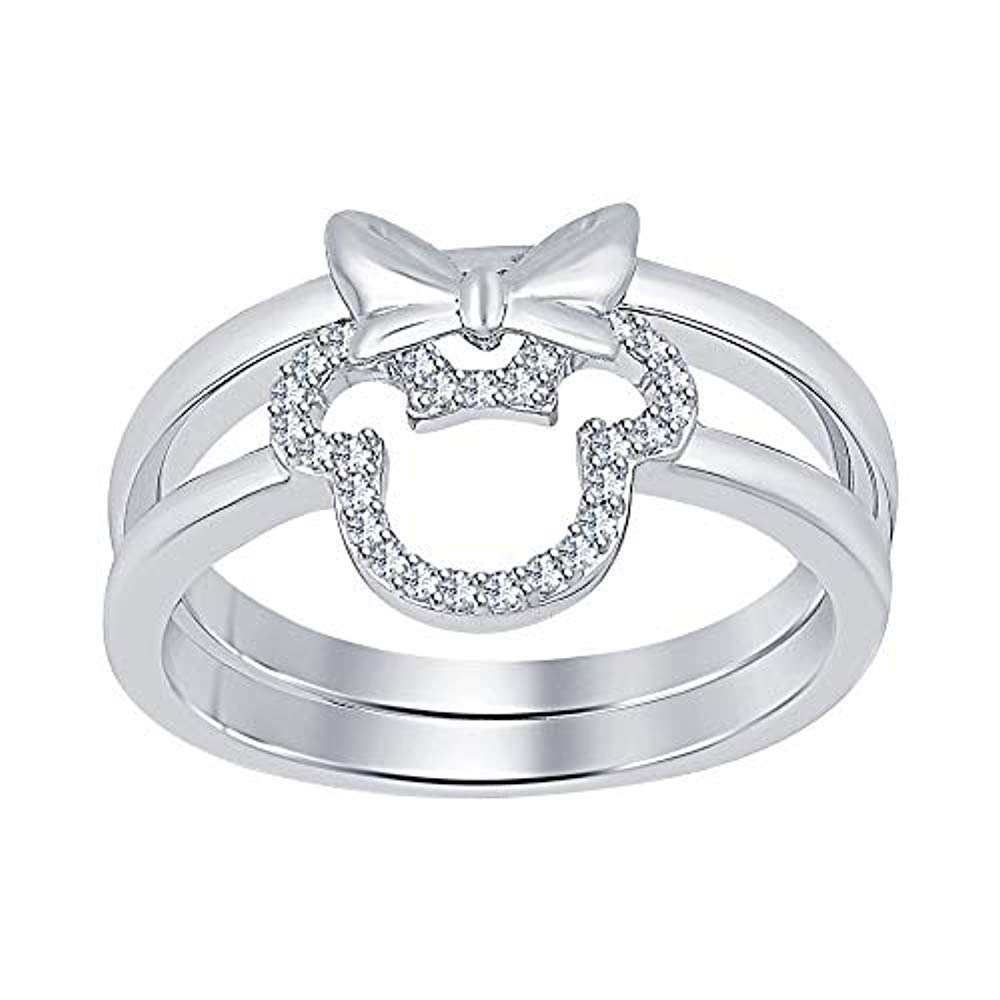 Mickey Mouse & Minnie Mouse 14k White Gold Plated Gemstone Bow Stackable Rings for Women - Perfect for Engagement, Anniversary, Valentine's Day Gifts & Disney Lovers