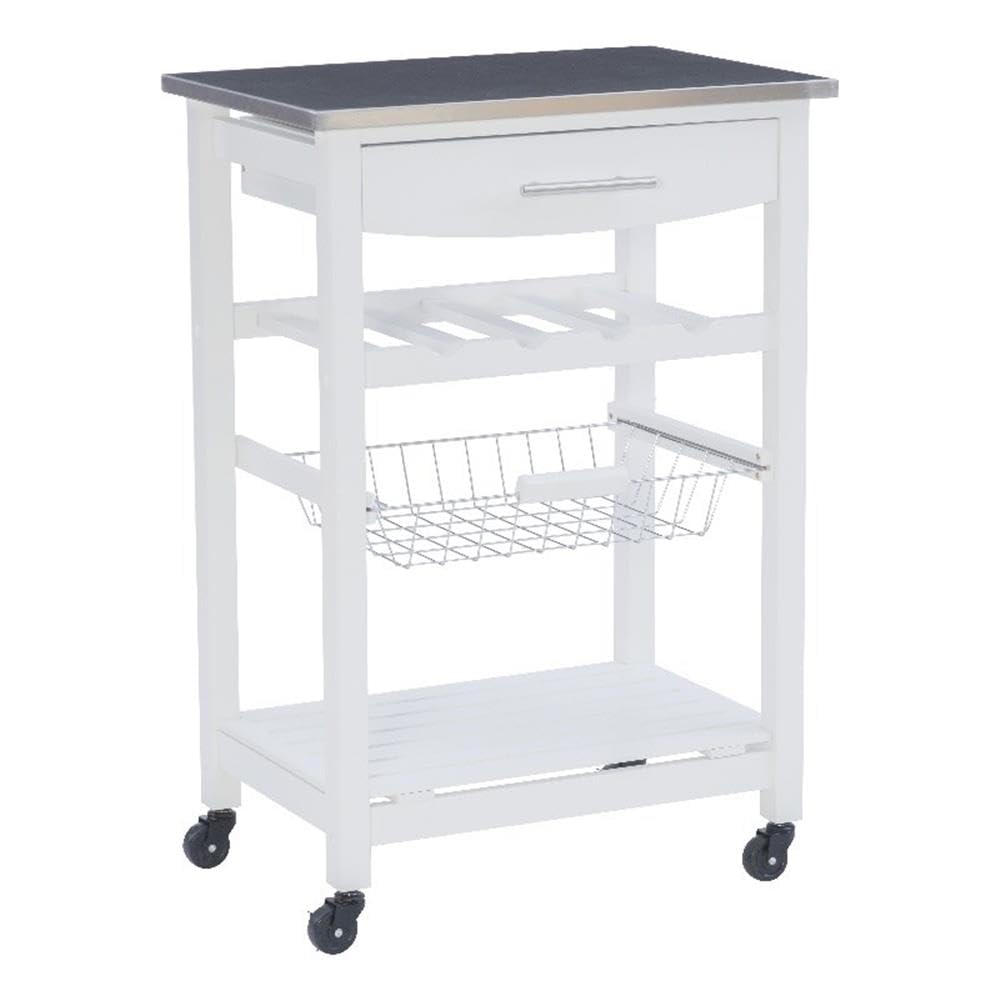 Linon Raven Stainless Steel Rolling Kitchen Island Cart with Wheels, Wine Rack, Pull-Out Drawer & Storage Basket - White | Mobile Microwave Stand for Small Spaces, Extra Counter Space & Kitchen Organization