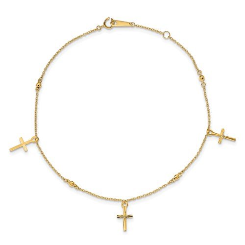 14KT Yellow Gold Polished & Textured Cross Ankle Bracelet for Women - Elegant Religious Jewelry Gift for Baptism, Wedding & Everyday Wear