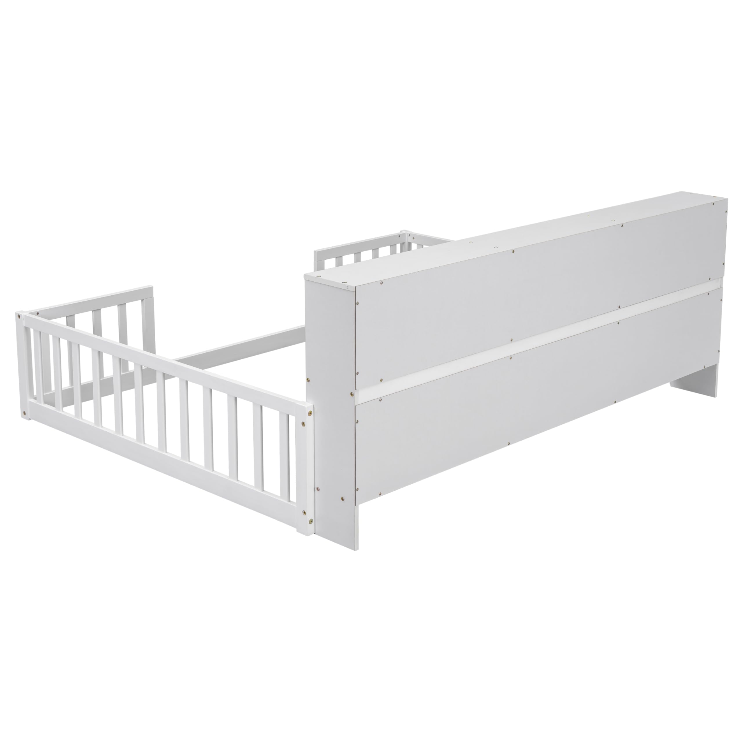 Full Size Floor Bed with Bedside Bookcase & Shelves - Multifunctional Wooden Platform Bed with Guardrails & Storage Headboard - Low Profile Kids & Teens Bed (White) - Perfect for Small Rooms, Dormitories & Cozy Bedrooms
