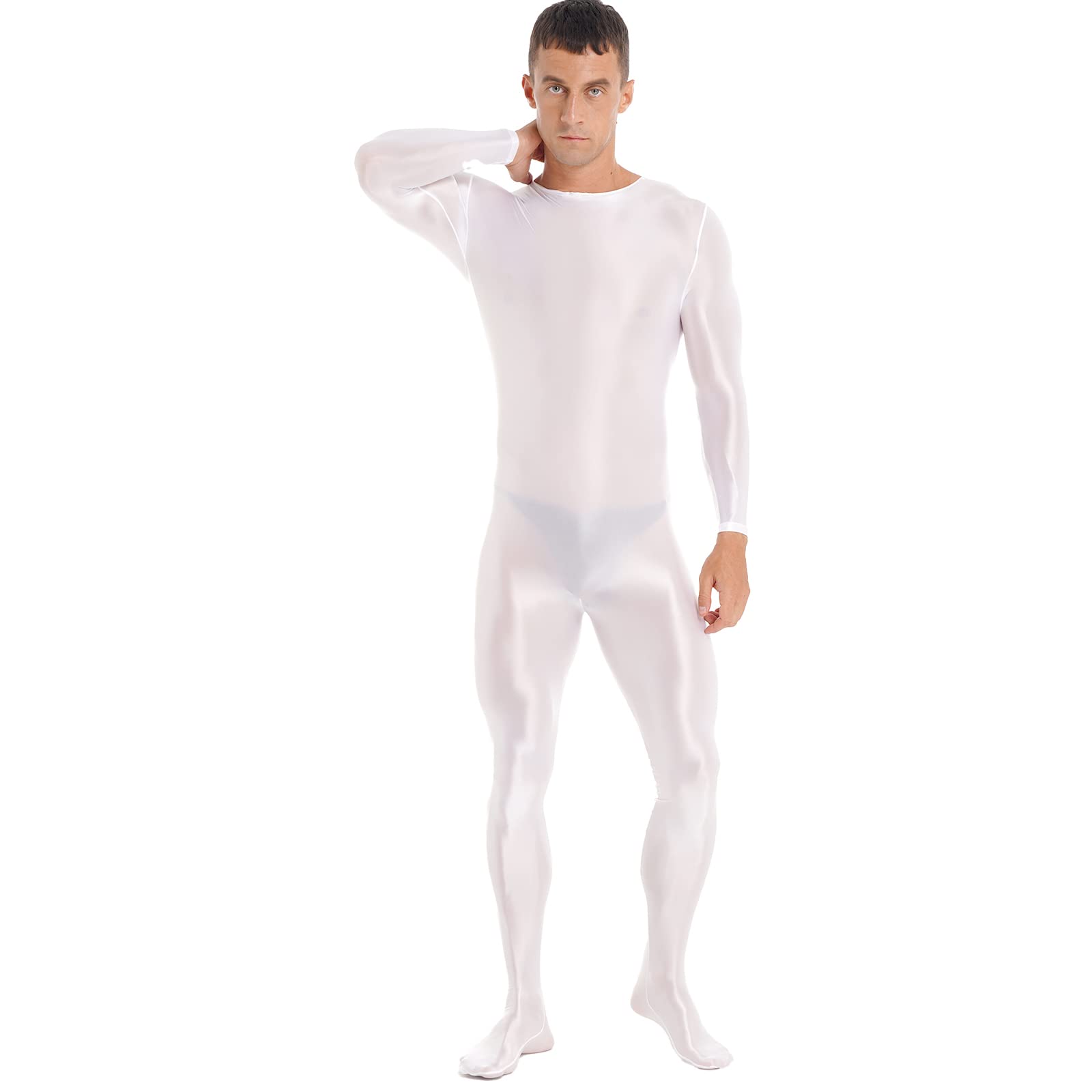 Men's Shiny One-Piece Swimsuit with Long Sleeves & Zipper - Bodystocking Teddy Lingerie for Nightwear, Beach & Pool Party
