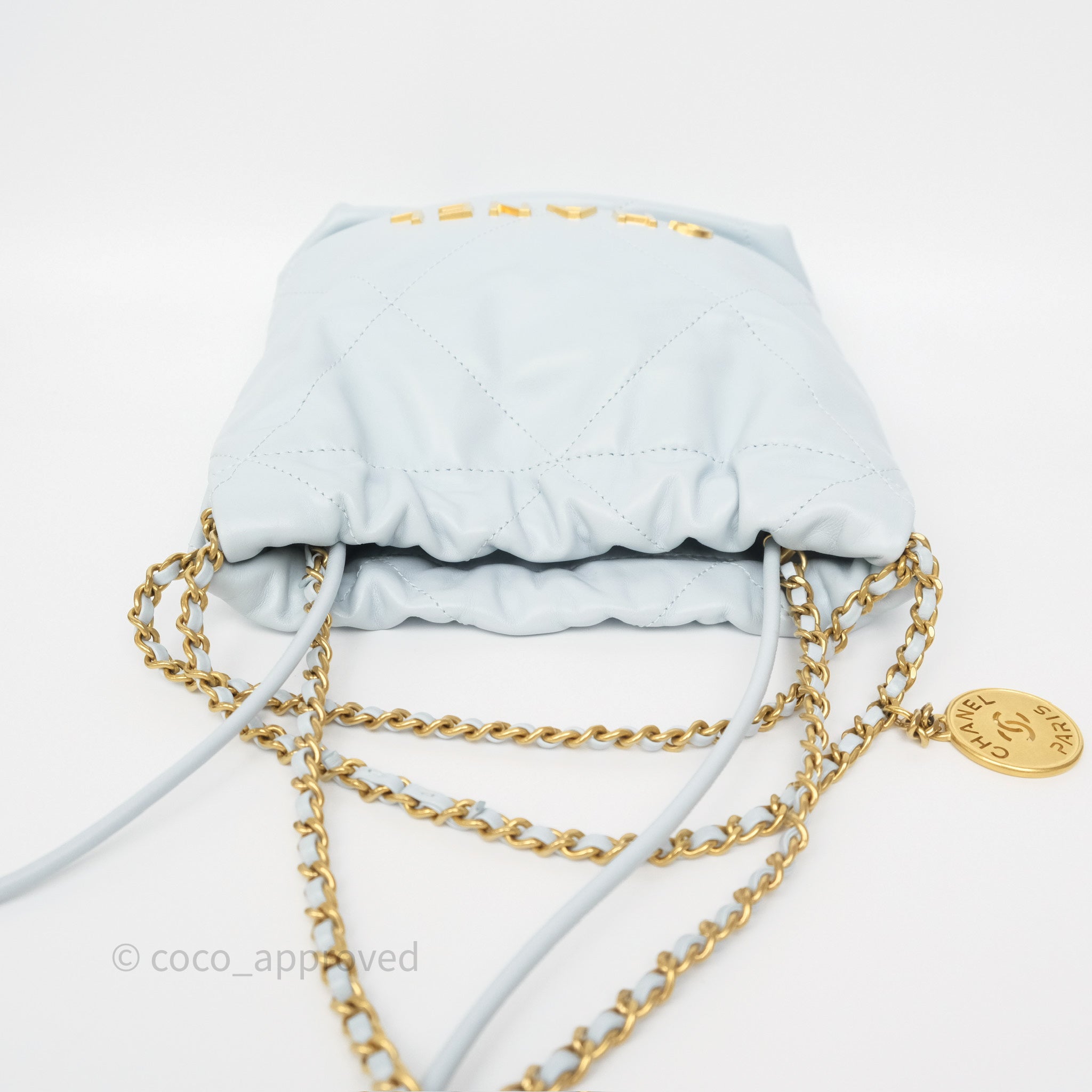 Chanel 22 Mini Bag in Light Blue Shiny Crumpled Calfskin - Luxury Crossbody Purse for Women, Perfect for Date Night & Evening Events
