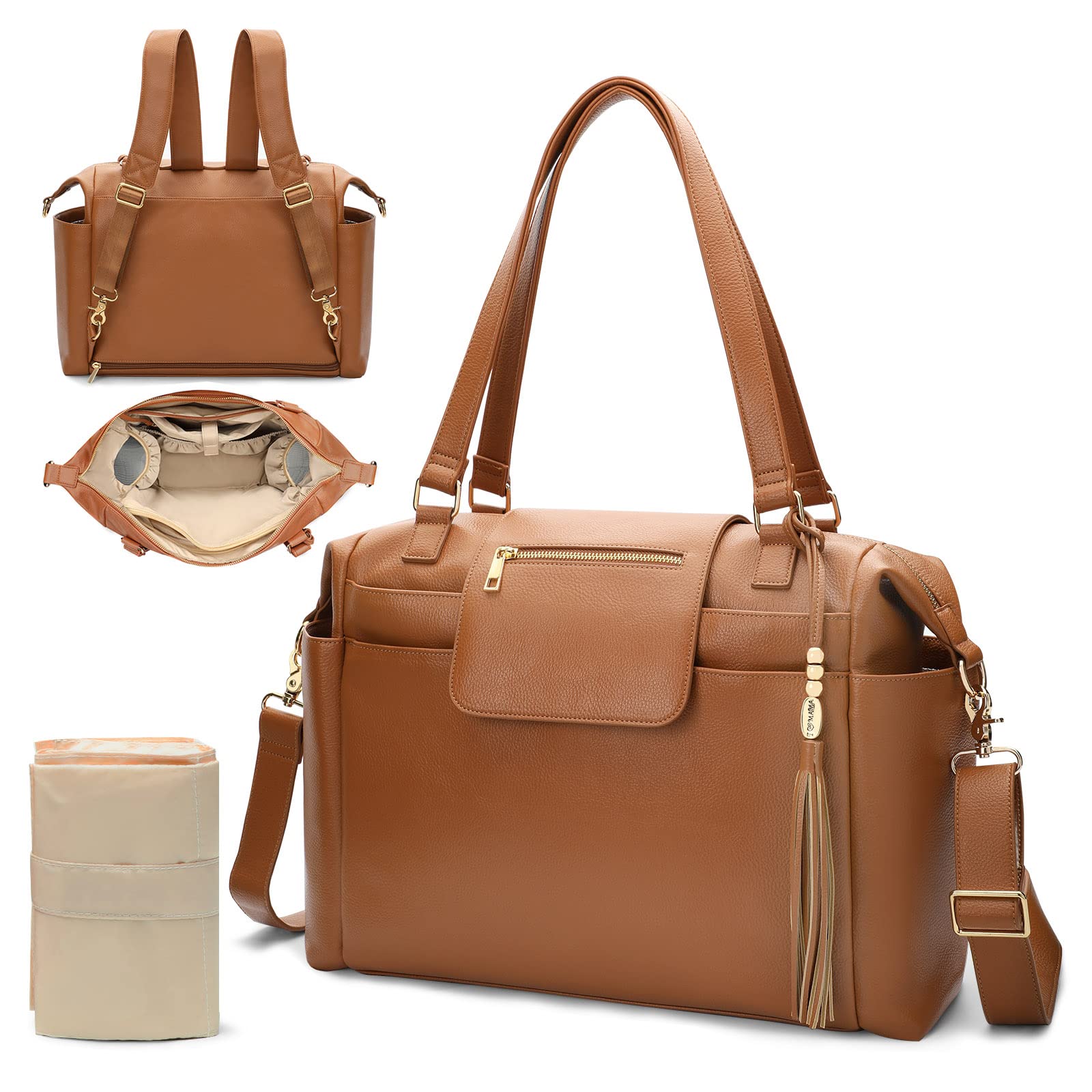 Premium Leather Diaper Bag Backpack - Large Tote with 14 Organizing Pouches, Changing Pad, Crossbody Straps & 4 Insulated Pockets (Brown) - Perfect for Baby Essentials, Travel & On-the-Go Parents