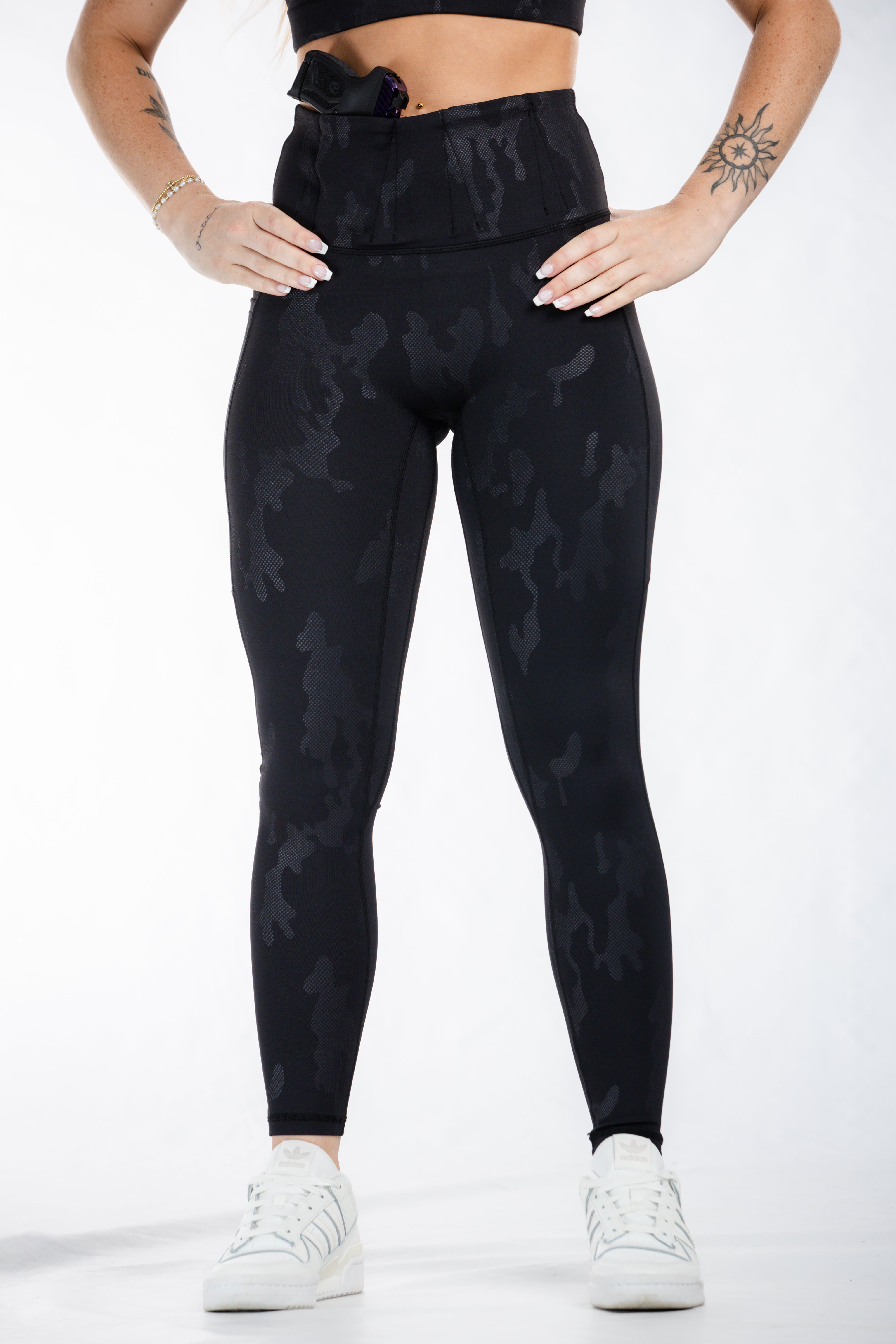 Concealed Carry Leggings with Hidden Pockets - Black Camo Print | Women's Tactical Yoga Pants for Self Defense & Outdoor Activities