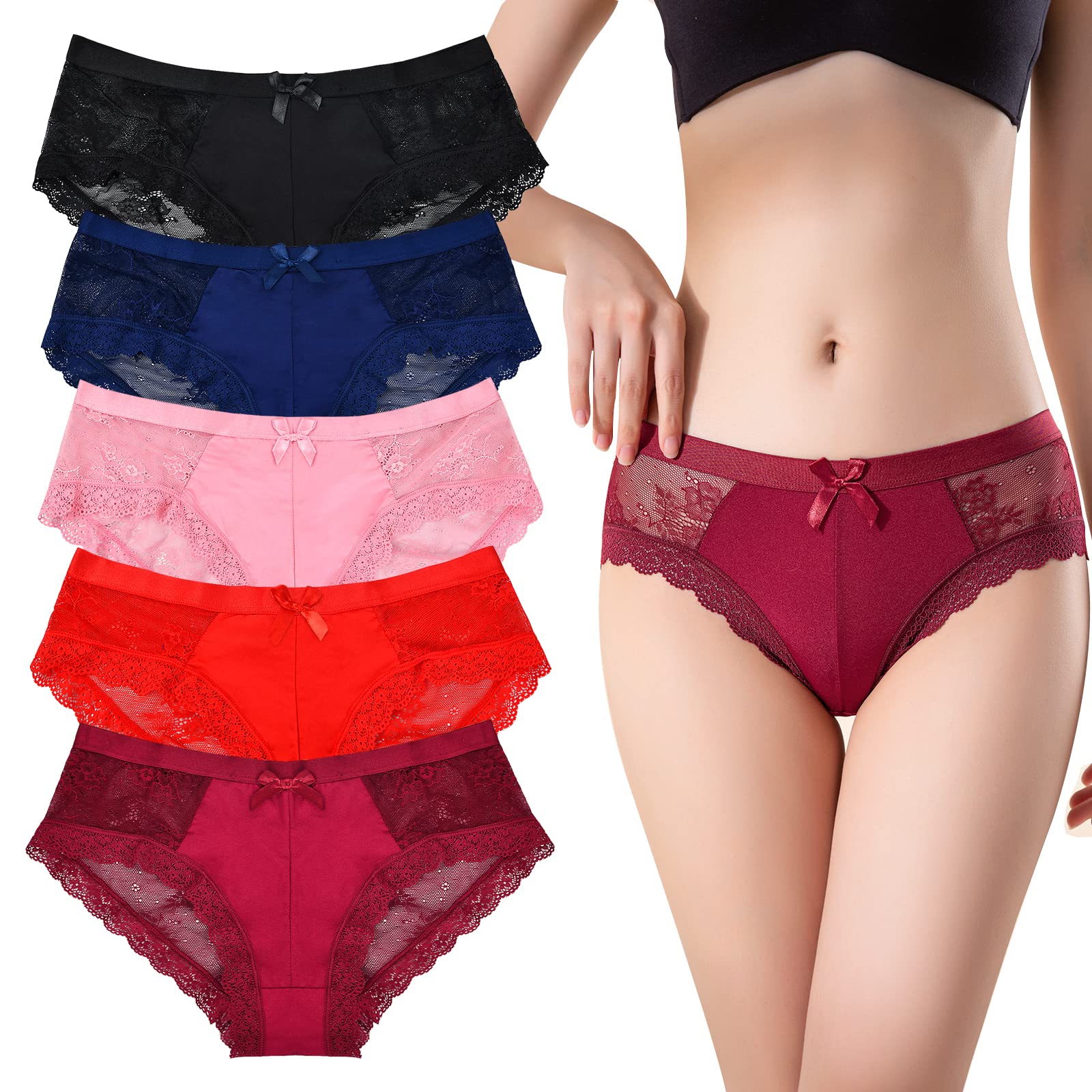 Women's Lace Underwear Multipack - 5 Pack Ultra Thin Floral Lace Panties with Bow | Sexy Low Rise Bikini Briefs | Stretchy Comfortable Hipster Underwear for Everyday Wear & Special Occasions