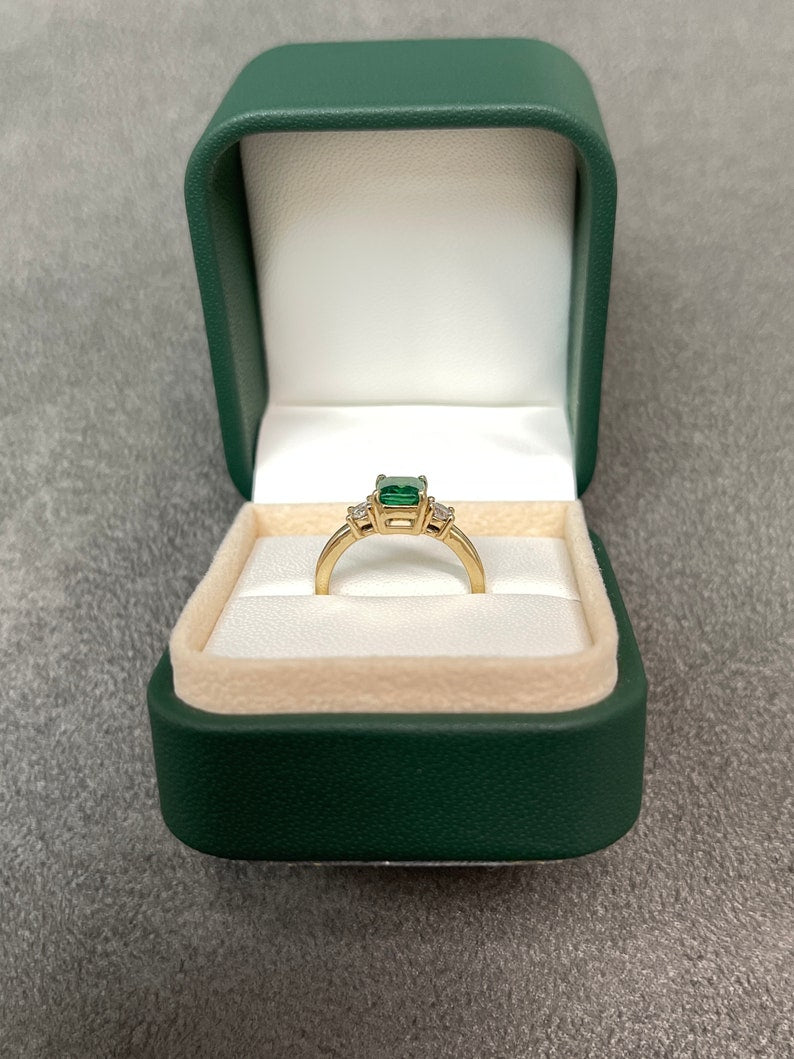 1.25tcw 14K Gold Emerald and Diamond Three Stone Engagement Ring - Elegant Transparent Design for Wedding, Proposal & Anniversary Gifts