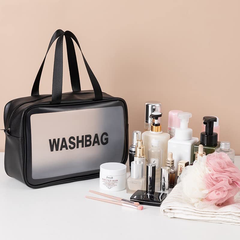 Large Clear Travel Cosmetic Organizer Bag - Waterproof Makeup Pouch & Toiletry Bag for Women & Girls (Black) - Perfect for Airplane Carry-on, Gym, Beach & Vacation Essentials