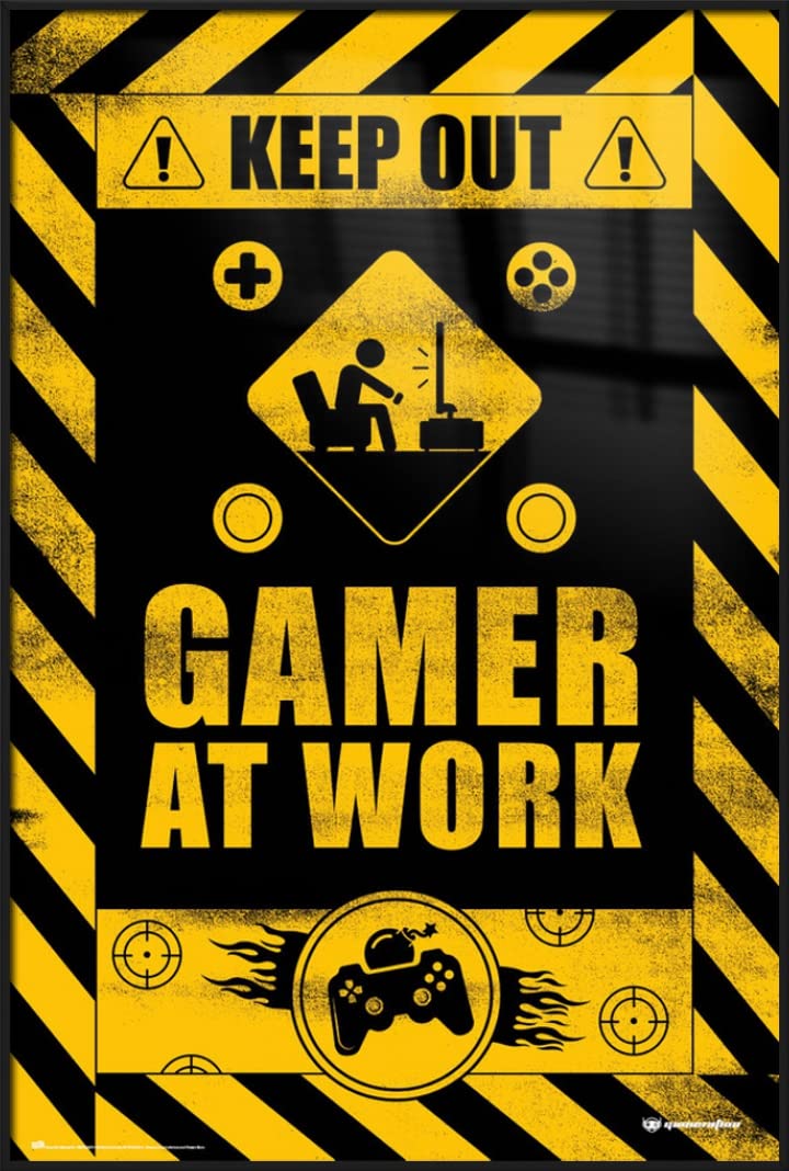 Keep Out: Gamer At Work - 24x36 Inch Framed Gaming Poster for Man Cave, Game Room & Office Decor
