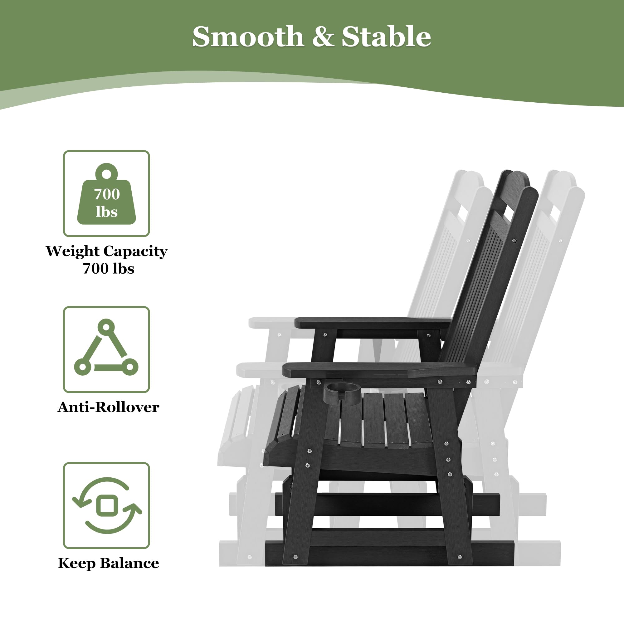 Poly Lumber Single Person Patio Glider with Cup Holders - High Back Support & Contoured Seat - Heavy Duty 700lb Capacity All-Weather HIPS Material (Matte Black) - Perfect for Porch, Deck, Garden or Poolside Relaxation