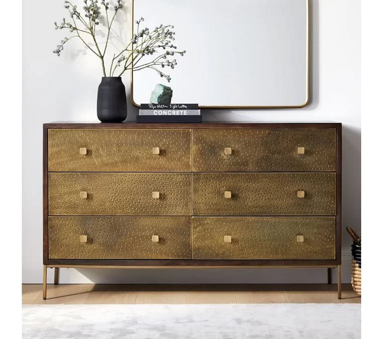 Vintage Indian Metal Chest of Drawers with 6 Drawers & Brass Cladding - Antique Storage Cabinet for Bedroom, Living Room, or Office Organization