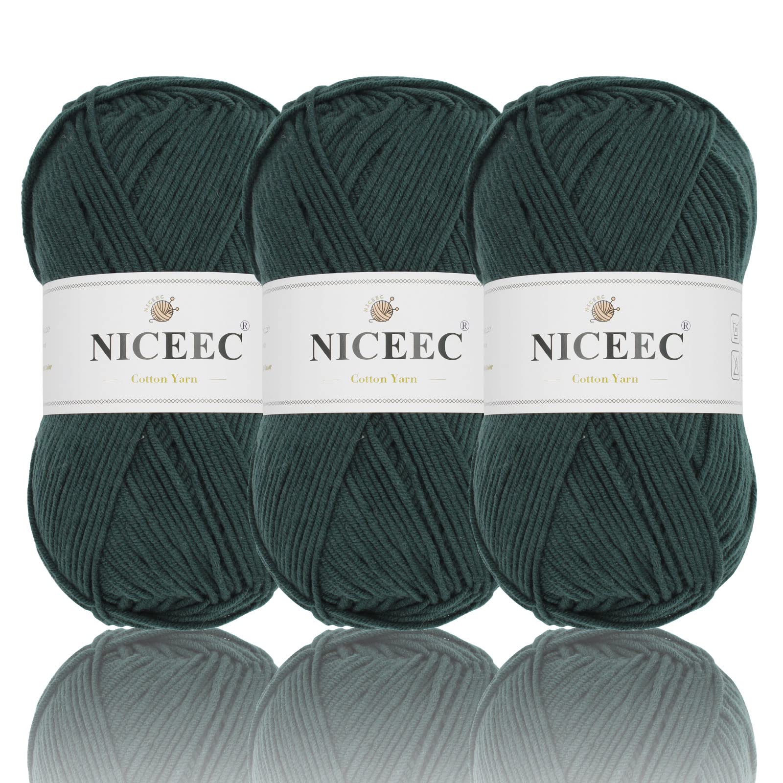 NICEEC 3-Pack Soft Cotton Blend Yarn for Knitting & Crochet - 5-Ply Baby Blanket Yarn (100g x 3, Total 660m/720yds) - Deep Green - Perfect for DIY Baby Blankets, Scarves & Craft Projects
