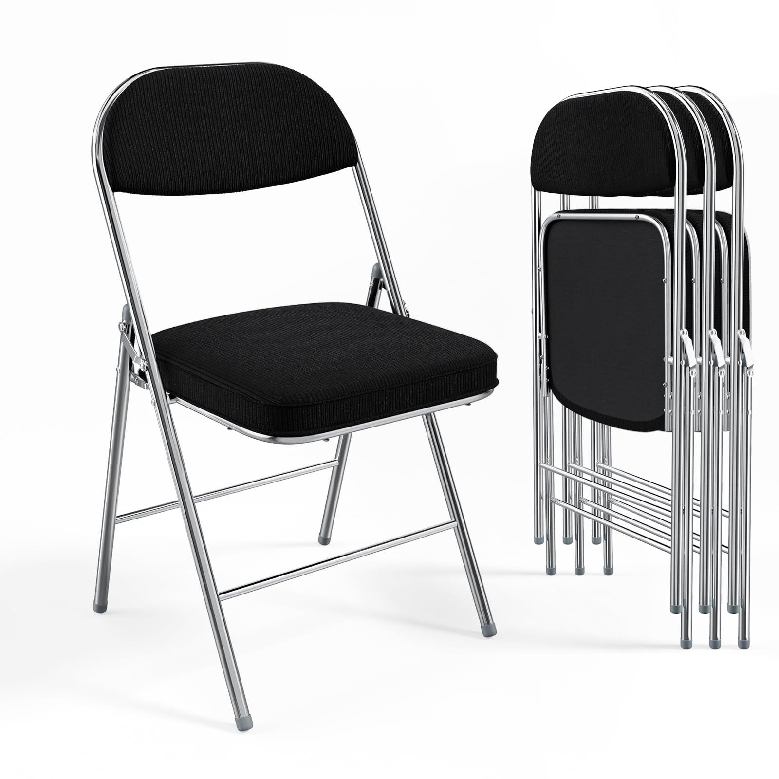 VINGLI 4-Pack Folding Chairs with Padded Seat & Backrest - Heavy Duty Metal Frame, Durable Corduroy Fabric, 350 lbs Weight Capacity - Perfect for Weddings, Parties, Office Events, Camping & Outdoor Gatherings - Black