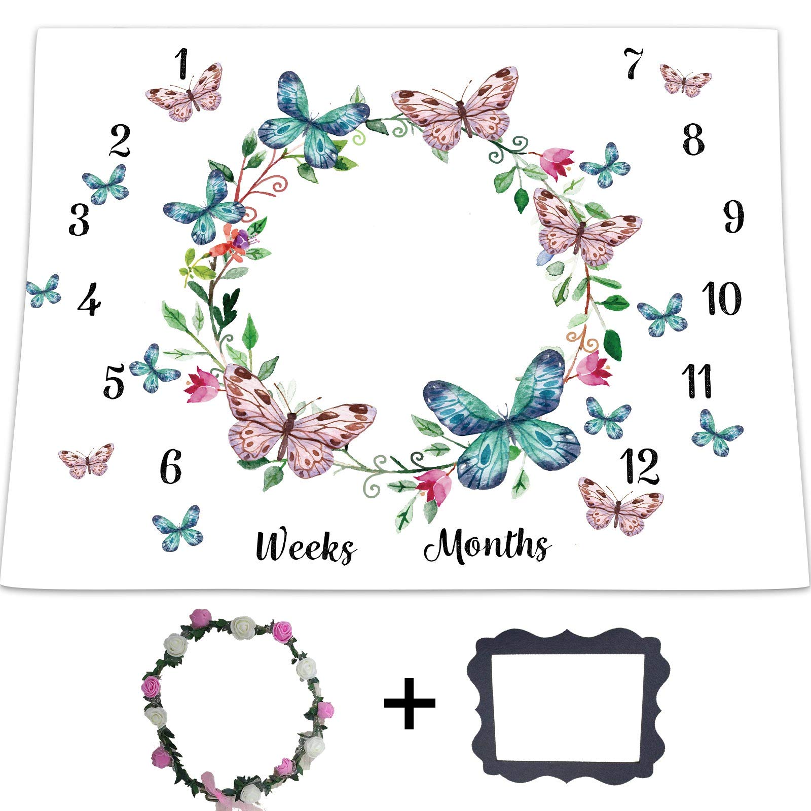 Monthly Baby Milestone Blanket - Floral Butterfly Photography Blanket with Wreath Frame | 48x40 Inch Newborn Swaddle & Toddler Blanket for Nursery Photos, First Birthday, Baby Shower Gift
