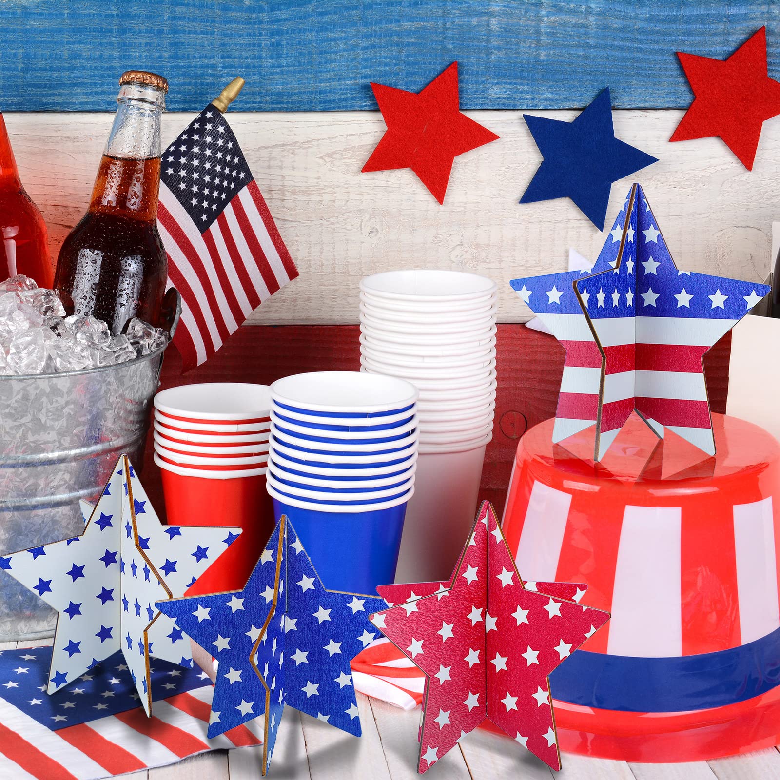 Bucherry 4 Sets Patriotic Wooden Stars Signs - Red White Blue Memorial Day & 4th of July Tiered Tray Decor | 3D Independence Day Table Centerpieces for Home, Living Room & Dining Room Decorations | Perfect for Holiday Parties & Patriotic Celebrations