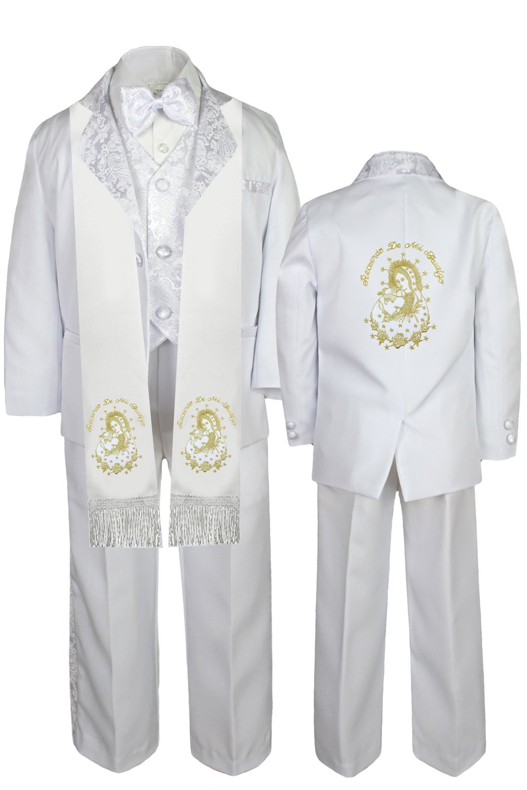 Baby Boy Baptism Outfit - White Paisley Tuxedo with Virgin Mary Embroidery | Spanish-Style Christening Suit SM-7 | Perfect for First Communion, Baptism Ceremonies & Special Occasions
