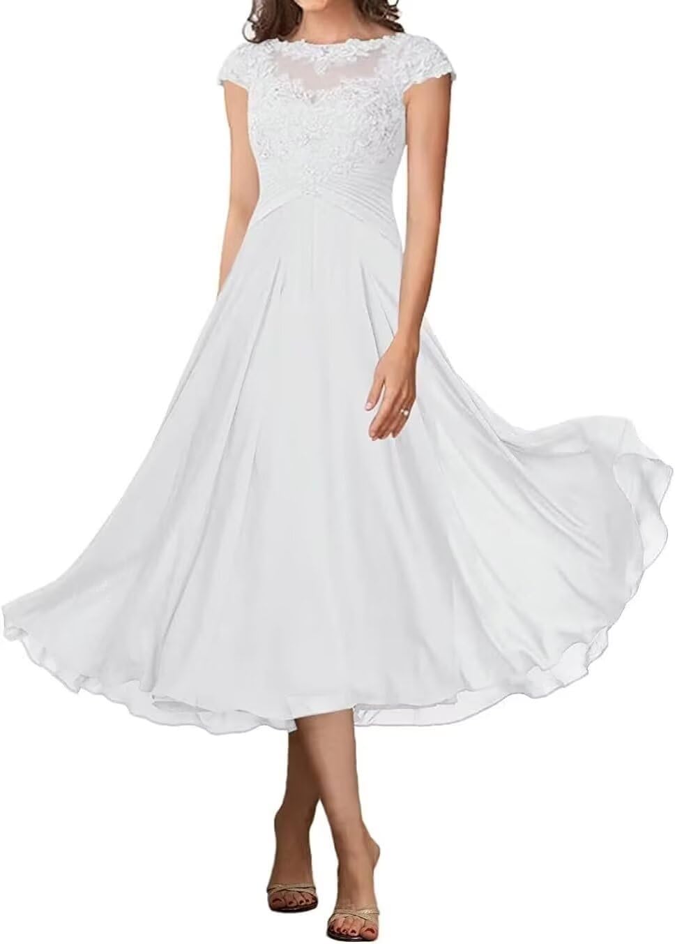 Elegant Tea-Length Mother of the Bride Dresses with Lace Cap Sleeves - Formal Wedding, Evening Party & Prom Gowns for Women - Perfect for Church Ceremonies, Cocktail Receptions & Special Occasions