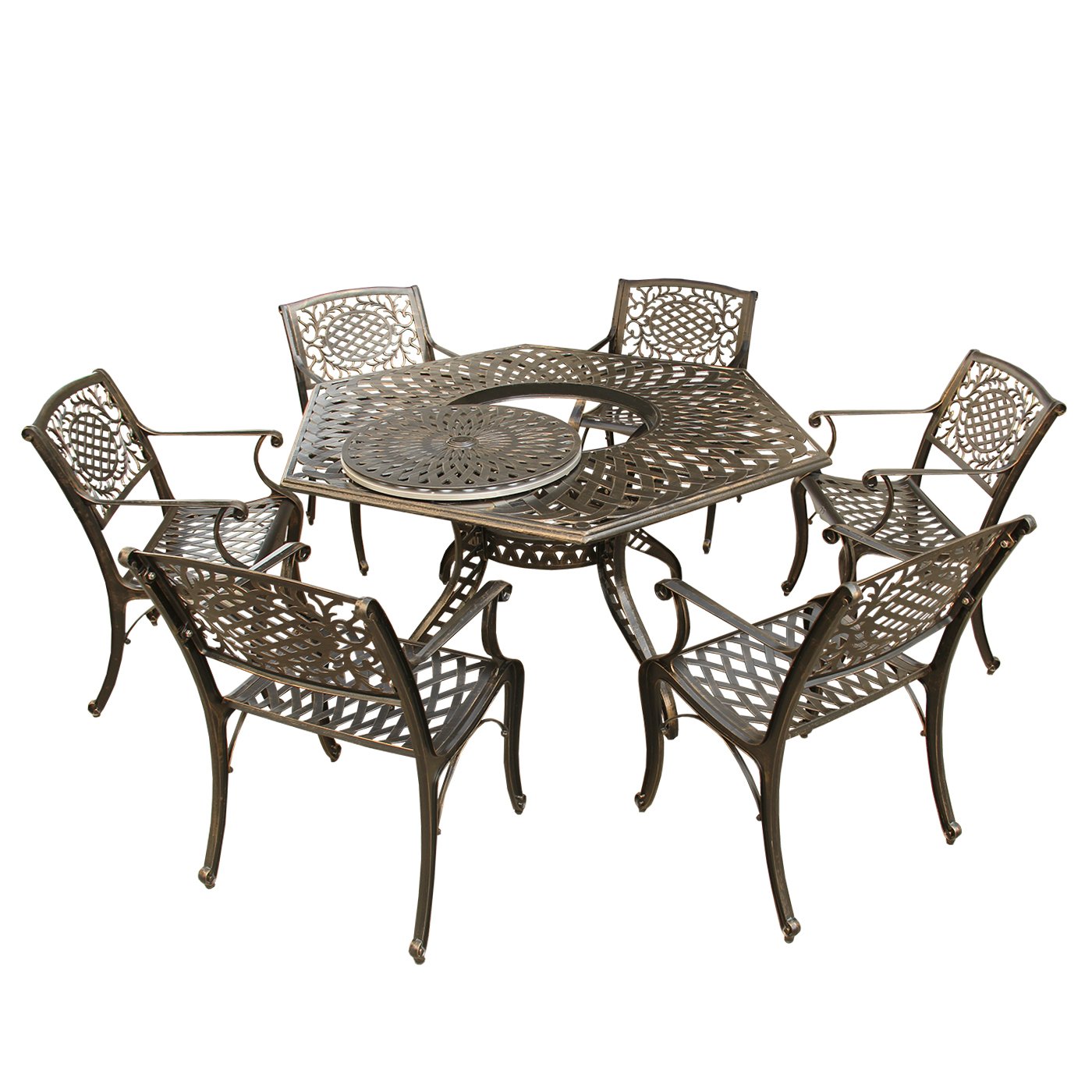 Oakland Living 63-inch Bronze Hexagon Outdoor Dining Set with Lazy Susan & 6 Chairs - Modern Aluminum Mesh Lattice Design for Patio, Garden & Backyard Entertaining