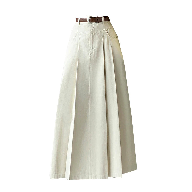 2024 Women's Black & Beige Denim Long Skirt - High Waist Pleated A-Line Umbrella Jean Skirt for Spring Summer | Office Wear, Casual Outfits & Date Night Fashion