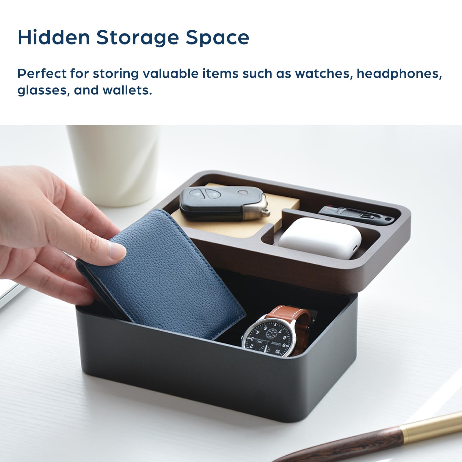 Revov Magnetic Rotating Wooden Tray Box - Premium EDC Valet Organizer with Authentic Wood Lid for Office Desk, Home & Travel Use - Stylish White Storage Solution for Keys, Wallets & Small Essentials