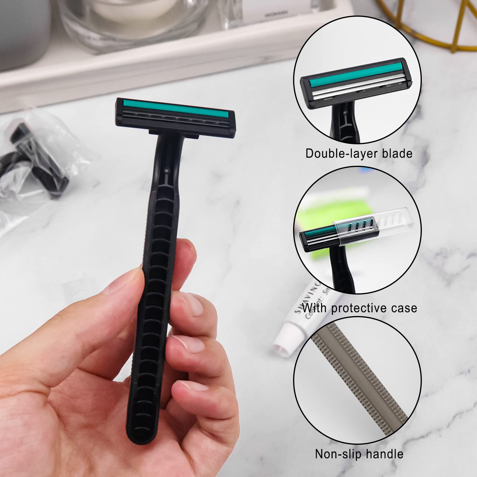 Bulk Disposable Razors with Blade Caps - 30 Pack Individually Wrapped Razors with Shaving Cream | Ideal for Hotels, Shelters, Charities, Nursing Homes & Travel | Grey Safety Razors for Men & Women