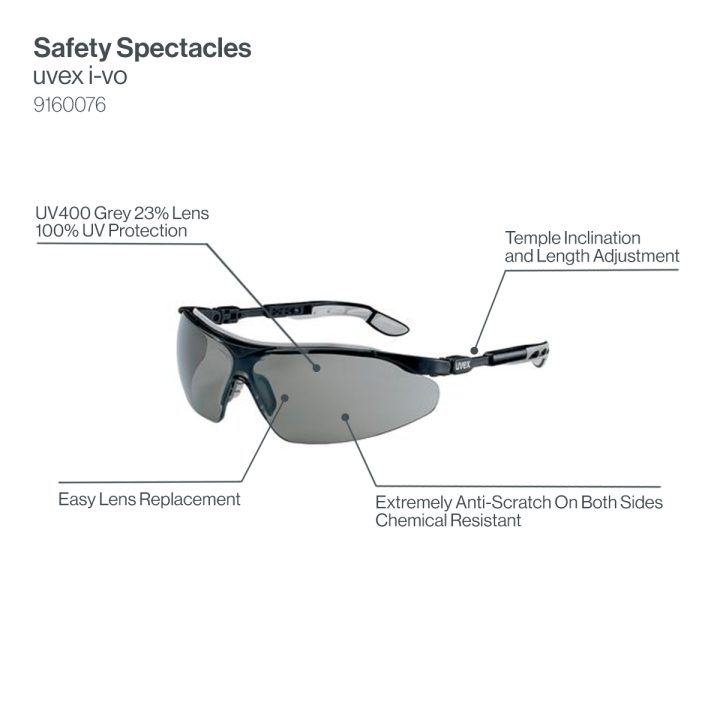 Uvex I VO Grey Safety Glasses 9160 076 - UV400 Protection, Anti-Fog, Scratch Resistant for Construction, Woodworking & Outdoor Activities