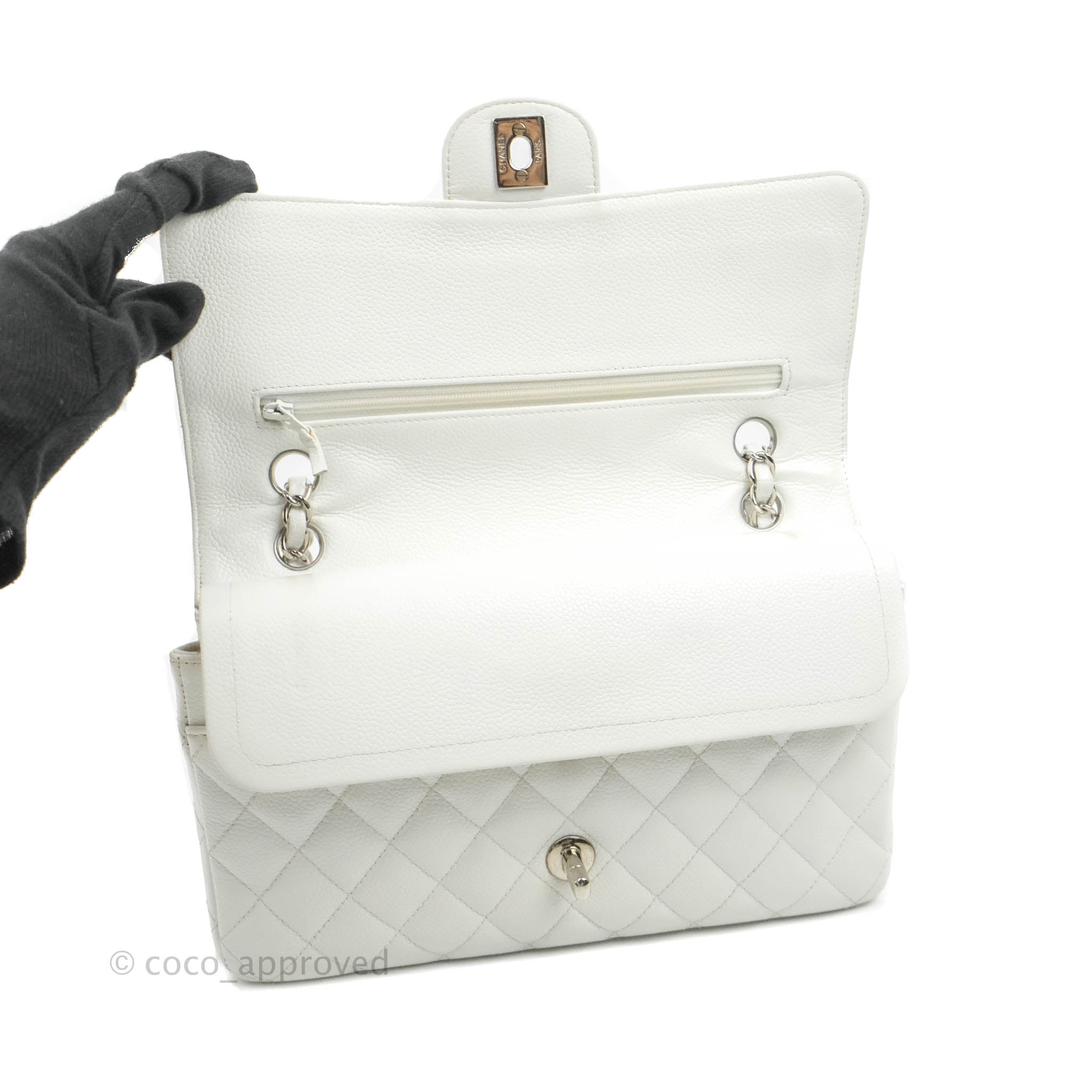 Chanel Classic M/L Medium Double Flap Bag in White Caviar Leather with Silver Hardware - Perfect for Luxury Fashion, Evening Events & Designer Handbag Collection