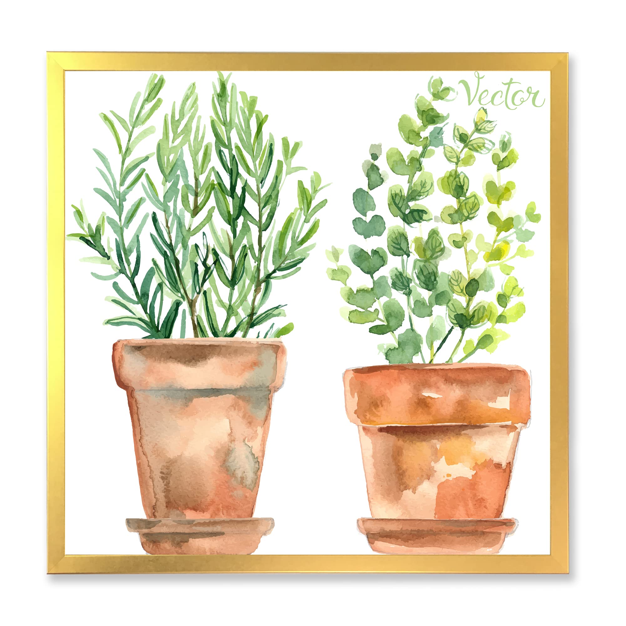 2 Green House Plants in Orange Flower Pots - Traditional Framed Wall Art Decor for Living Room, Bedroom & Office
