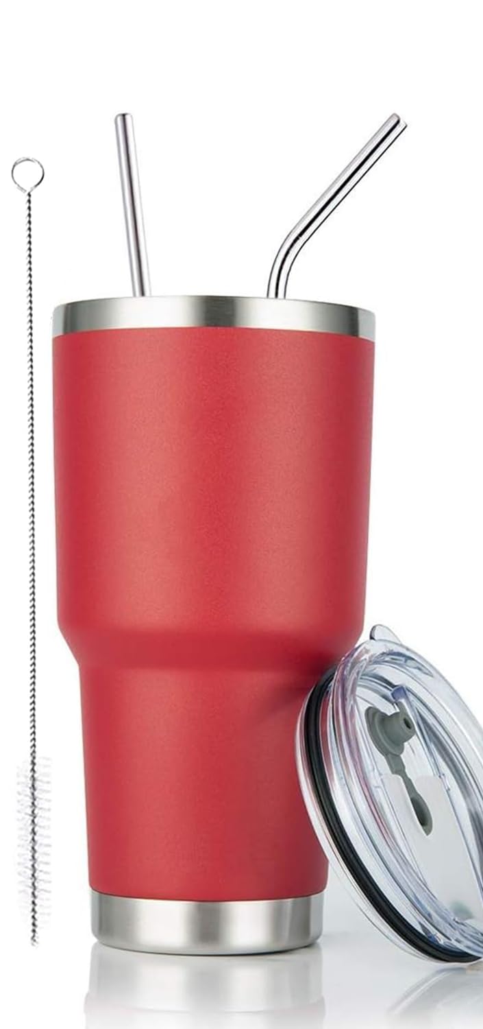 30oz Red Stainless Steel Tumbler - Vacuum Insulated Mug with Straw & Lid for Hot/Cold Drinks - Travel & Office Use
