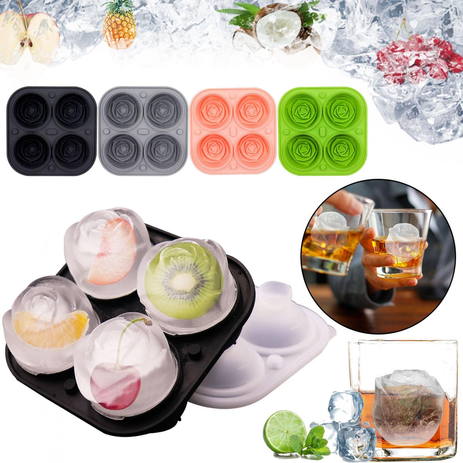 Premium Silicone Rose Ice Ball Maker - Large Easy Release Ice Cube Tray with Lid for Whiskey, Cocktails, Juice | Rose Shaped Sphere Ice Mold for Chilled Drinks, Parties, Home Bars & Romantic Date Nights