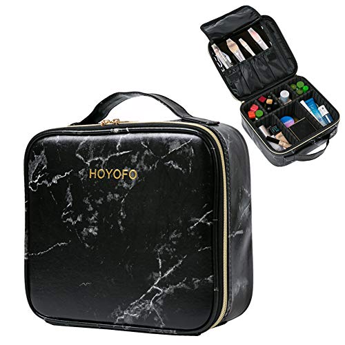 HOYOFO Travel Makeup Case with Adjustable Dividers - Marble Cosmetic Organizer for Women | Small Makeup Train Case with Brush Holder | Perfect for Travel, Home Storage & Professional Artists (Black)