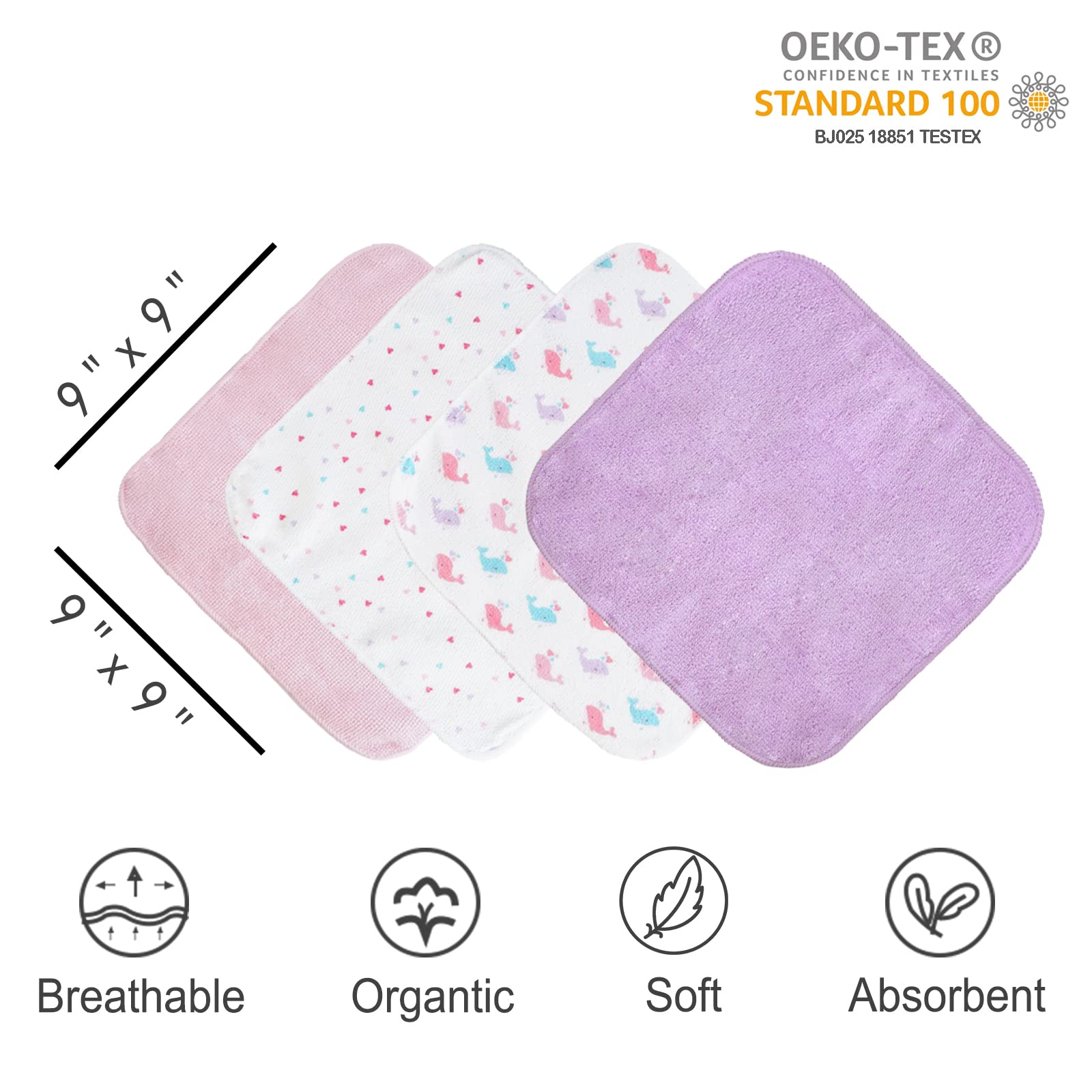 Viviland 24 Pack Ultra Soft Baby Washcloths - Gentle Bath Towels for Newborn & Infant Skin Care - 9x9 Inch Pink Whale Pattern Wash Cloths for Baby Girls & Boys - Perfect for Bath Time, Face Cleaning & Sensitive Skin Care