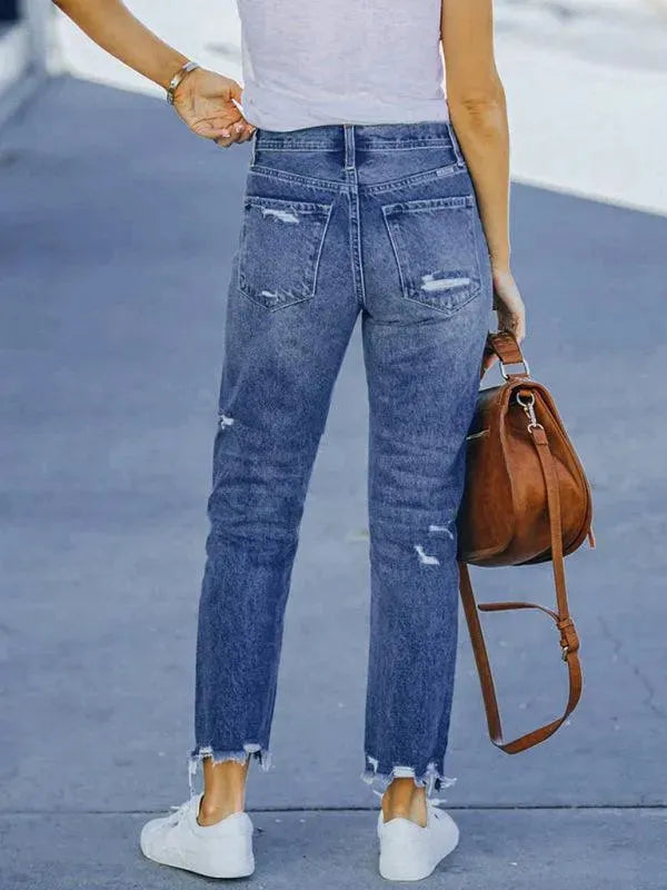 Women's Ripped Straight Leg Jeans - Distressed Denim Pants for Casual Wear, Street Style & Everyday Outfits | Trendy High Waist Vintage Blue Jeans for Women