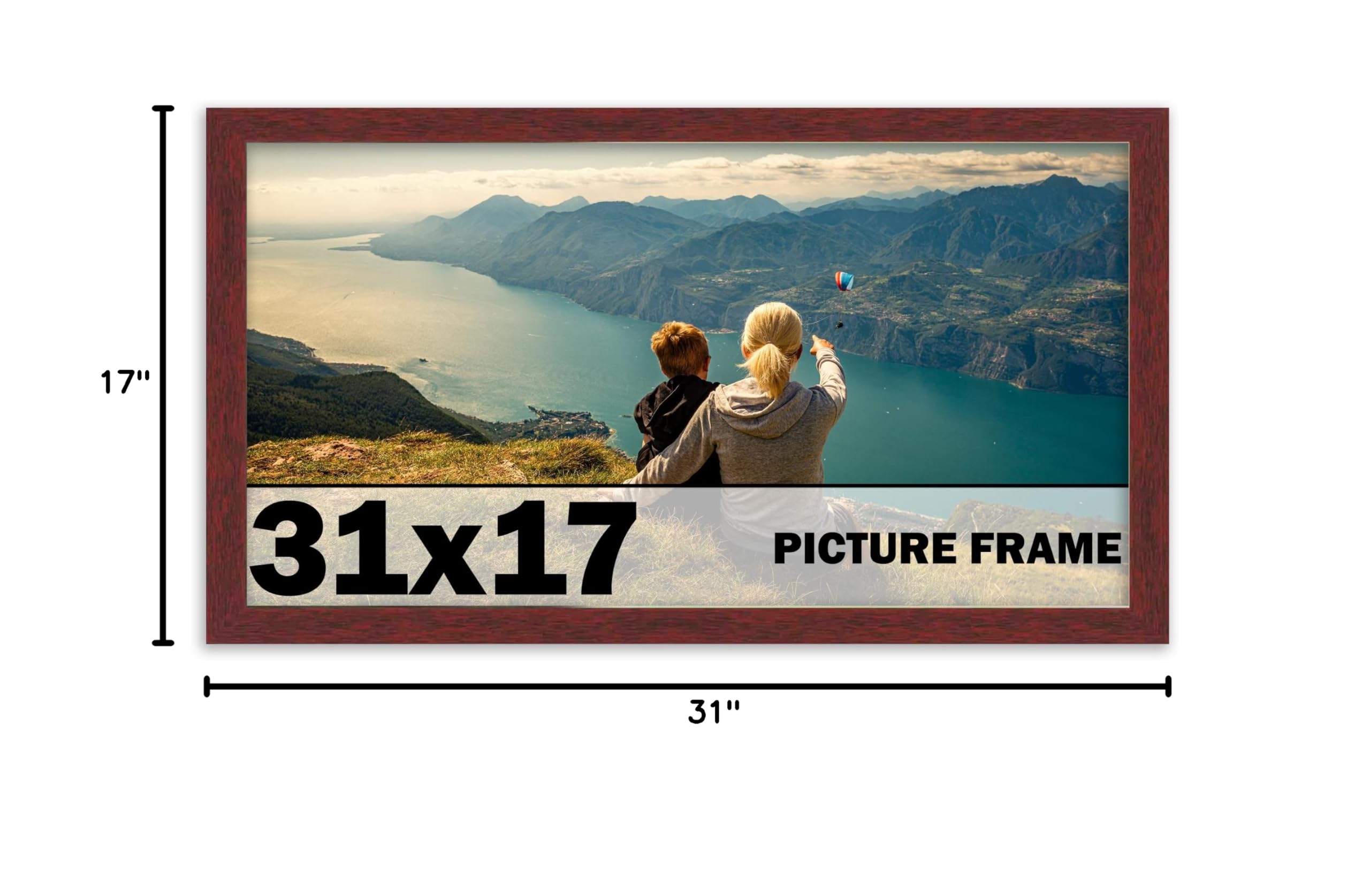 CountryArtHouse 31x17 Inch Solid Mahogany Wood Picture Frame with UV Acrylic Plexiglass, Acid-Free Foam Backing & Hanging Hardware - Elegant Brown Wooden Photo Frame for Wall Display, Home Decor, Office Art, and Gift Giving
