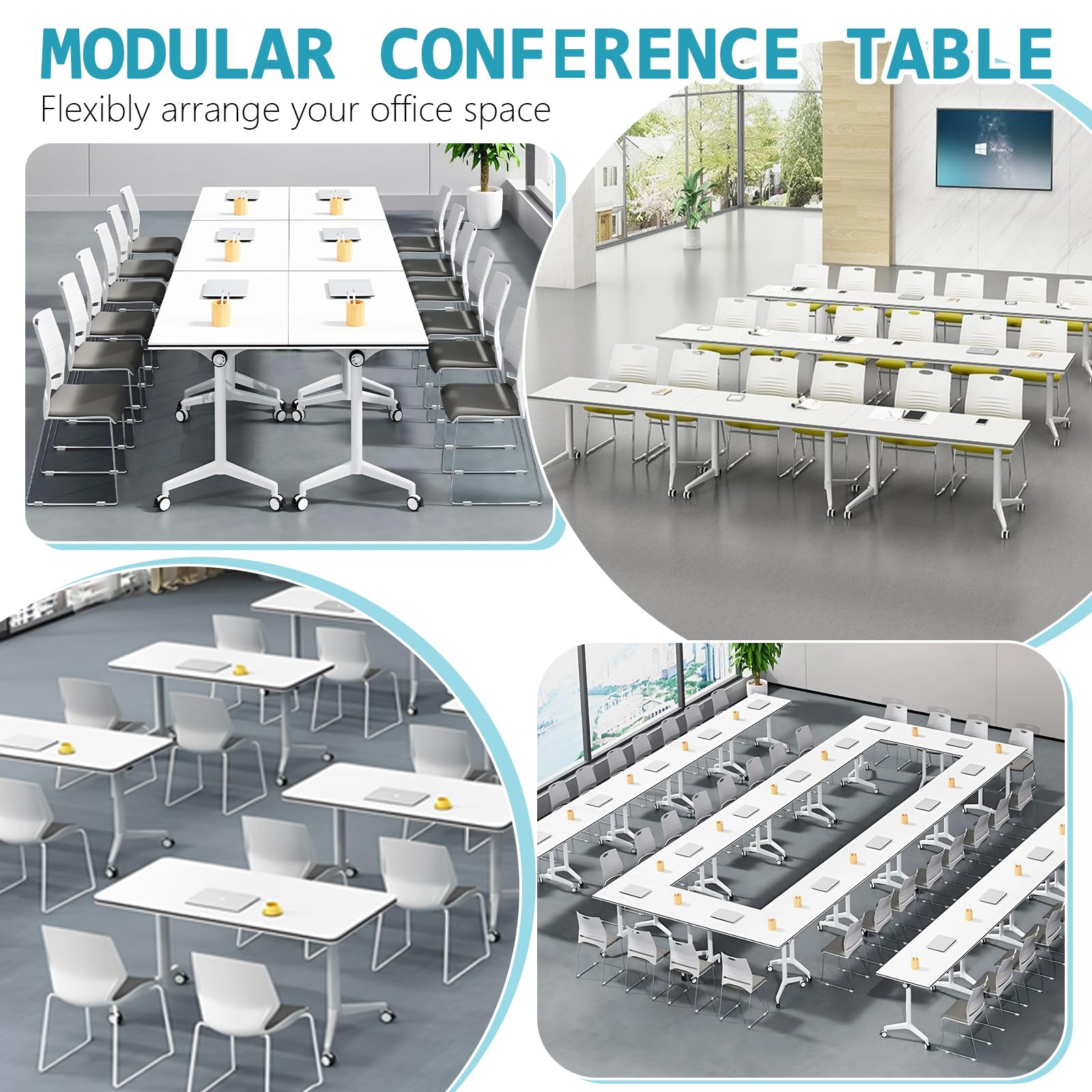 Foldable Conference Table with Wheels - White Rectangular Meeting Table for 2-10 People, Flip Top Design (47.2