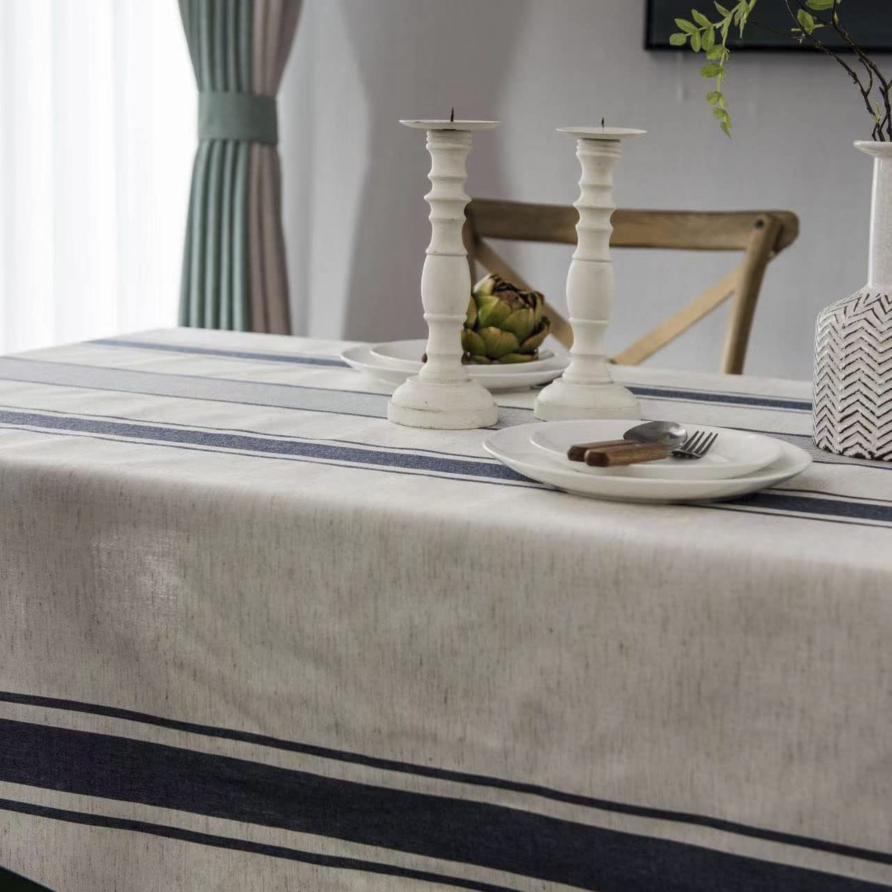 ArtBud White and Blue Striped Cotton Linen Tablecloth - Farmhouse Style Washable Rectangle Table Cover (60×70 Inches, Fits 4-6 Seats) for Kitchen, Coffee Shop, Party Decor and Dining Room Table Setting