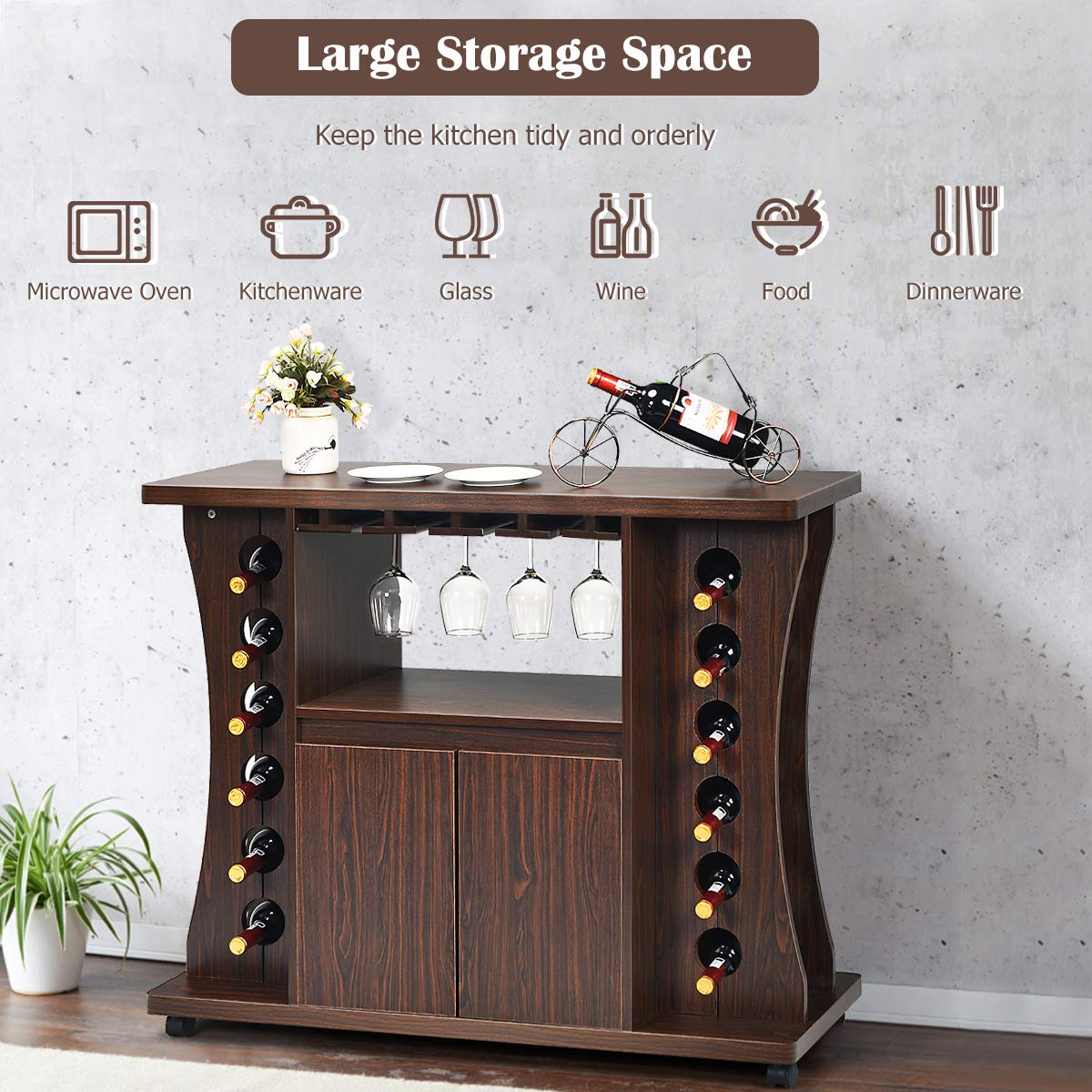 Giantex 12-Bottle Rolling Bar Cabinet with Glass Holder - 2-Door Mobile Buffet Sideboard with Storage for Wine, Liquor & Kitchen Essentials - Perfect for Dining Room, Living Room & Home Entertaining (Brown)