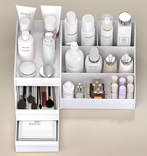 White Cosmetic Storage Box & Makeup Organizer with Drawers - Skincare & Jewelry Organizer for Vanity Desk - Perfect for Bedroom, Bathroom & Travel Use