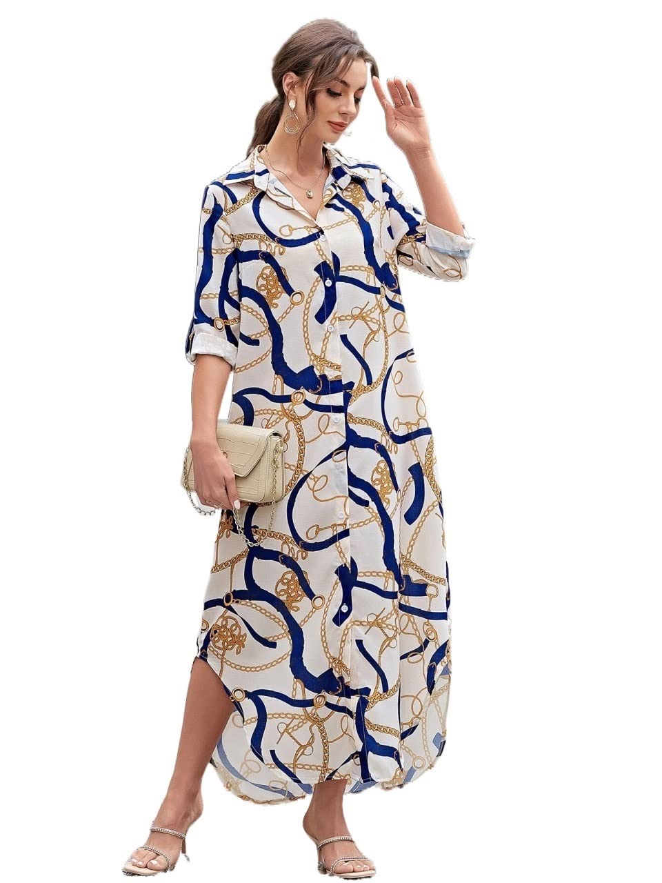 2022 Women's Summer Chain Print Button Up Shirt Dress - Casual Beach Wear & Vacation Outfit