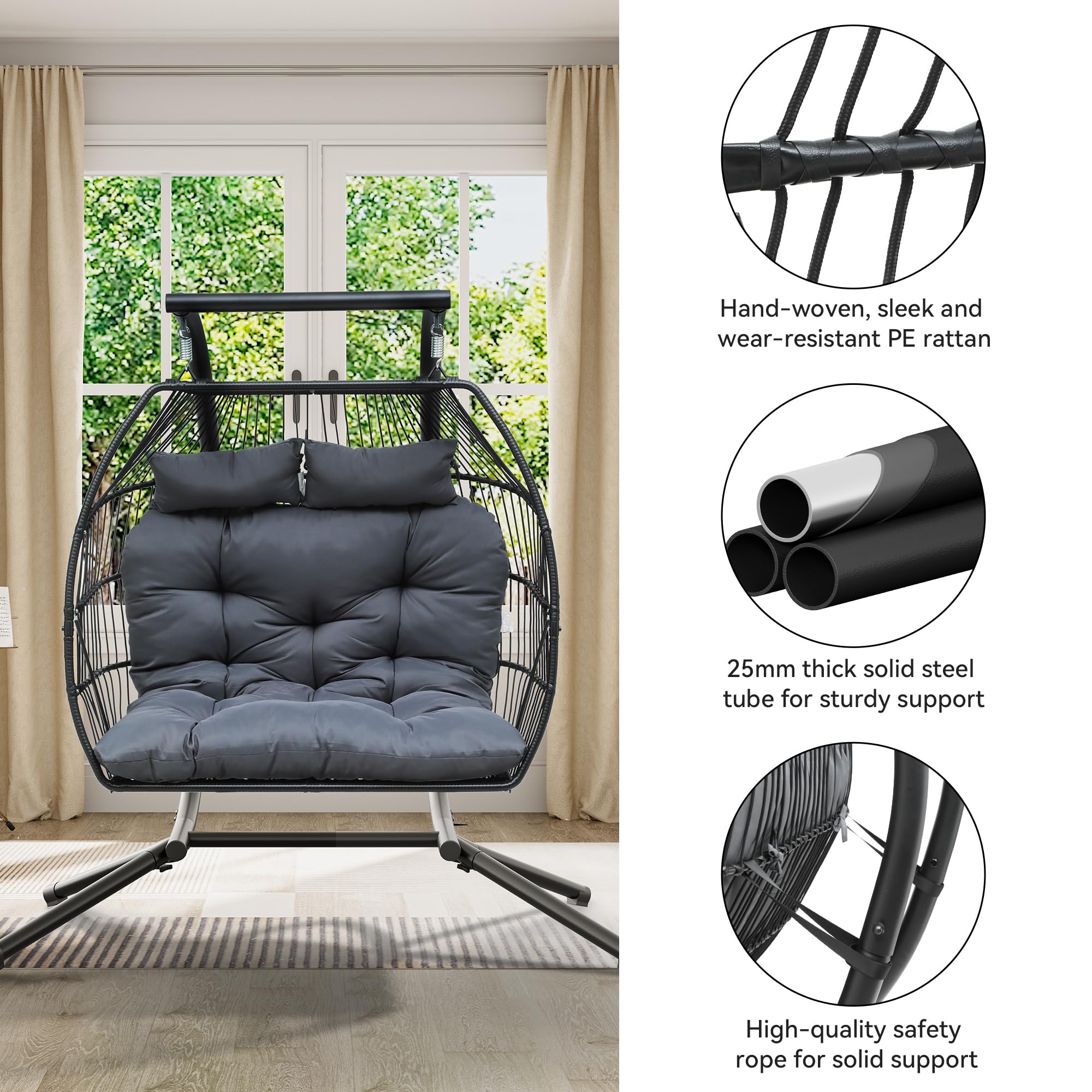 YITAHOME Hanging Egg Swing Chair with Stand - 550lbs Capacity Wicker Egg Chair for Indoor & Outdoor Use - Includes Cushions & Stand - Perfect for Patio, Garden, Balcony, Bedroom - Dark Gray | Relaxation & Boho Home Decor