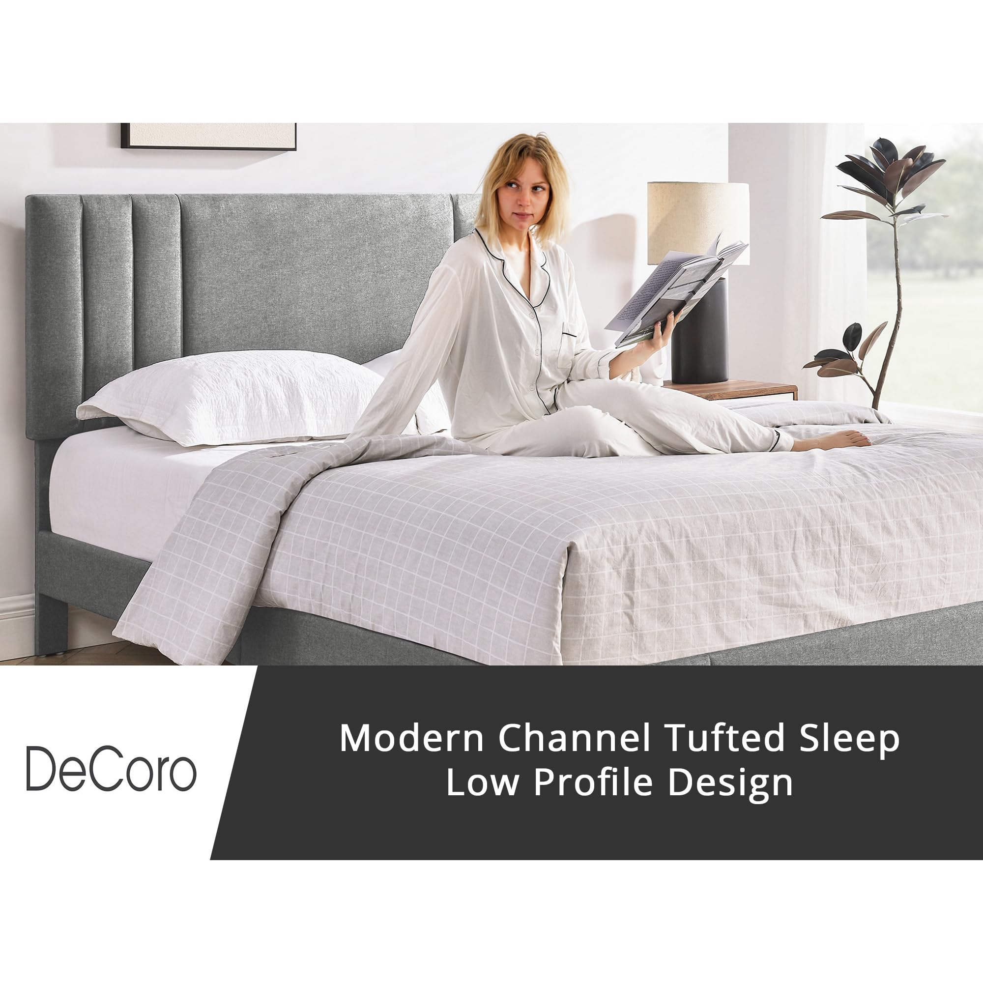 Modern Tufted Upholstered Queen Bed Frame with Platform - Grey Fabric Headboard for Chicago Style Bedroom | Perfect for Master Bedroom, Guest Room & Apartment Decor