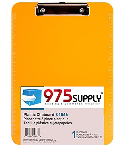 Transparent Letter Size Plastic Clipboard with Low-Profile Flat Clip and Built-in Ruler - Orange Office Supply for School, Work, and Home Organization