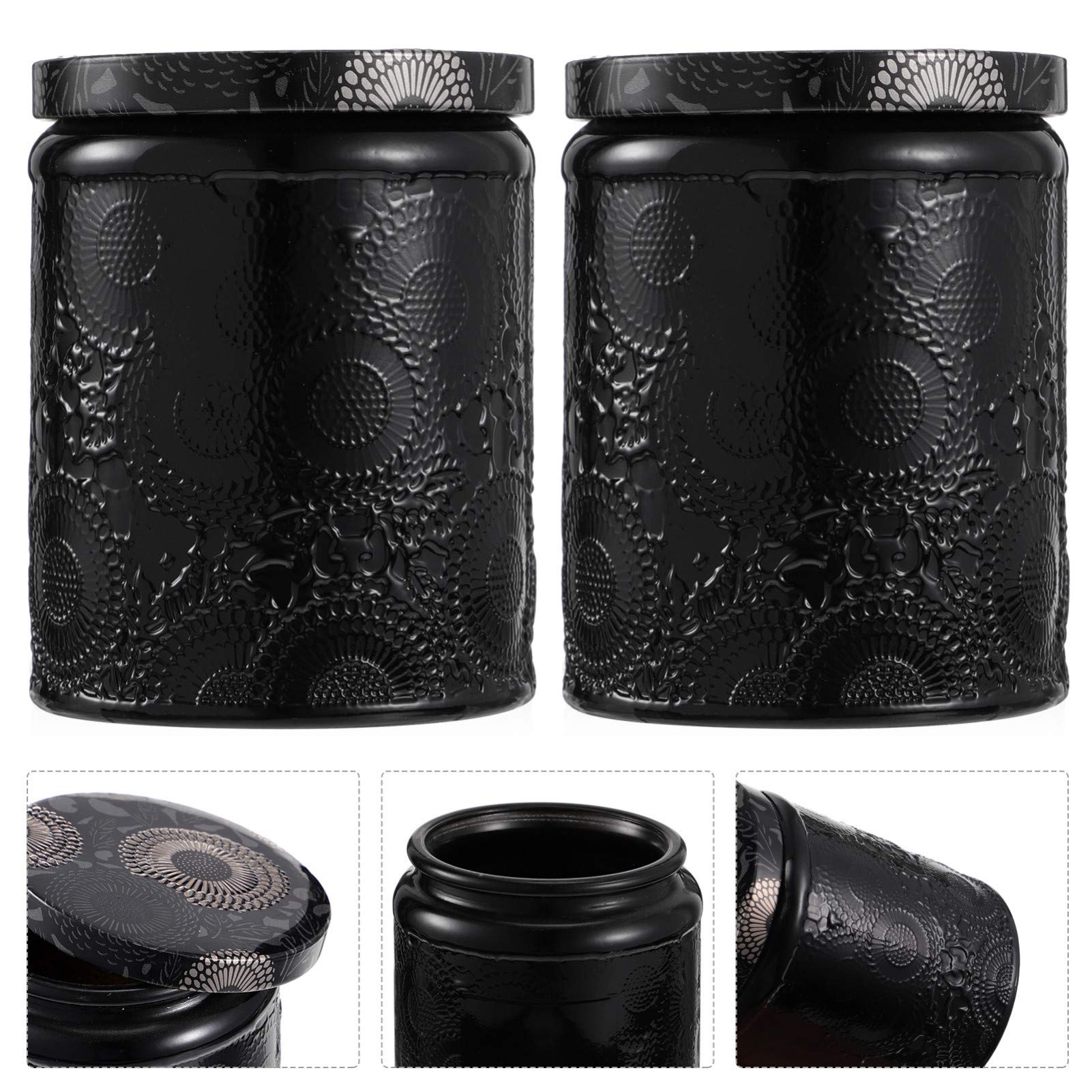 EXCEART 6-Piece Glass Candle Jars with Lids - Embossed Round Canning Storage Containers for Candle Making, Jam, Lotion & Party Favors - Retro Black Decor for Home, Kitchen & DIY Crafts