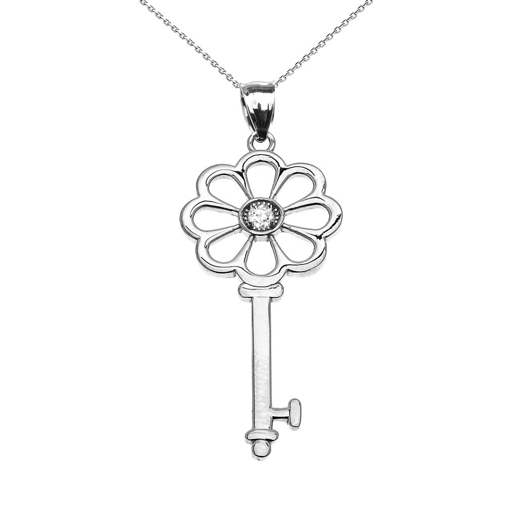 10K White Gold Solitaire Cubic Zirconia Flower Key Pendant Necklace for Women - Elegant Jewelry Gift for Anniversary, Birthday & Valentine's Day