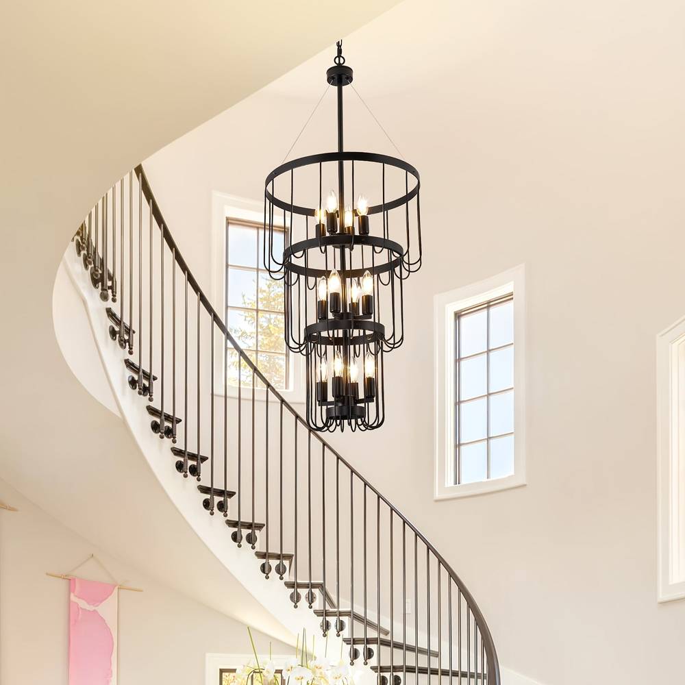 12-Light Farmhouse Staircase Chandelier - Rustic Wood Beams & Metal Accents - Perfect for Entryway, Foyer, or Stairwell Lighting - Vintage Industrial Style Pendant Light Fixture for Home Decor