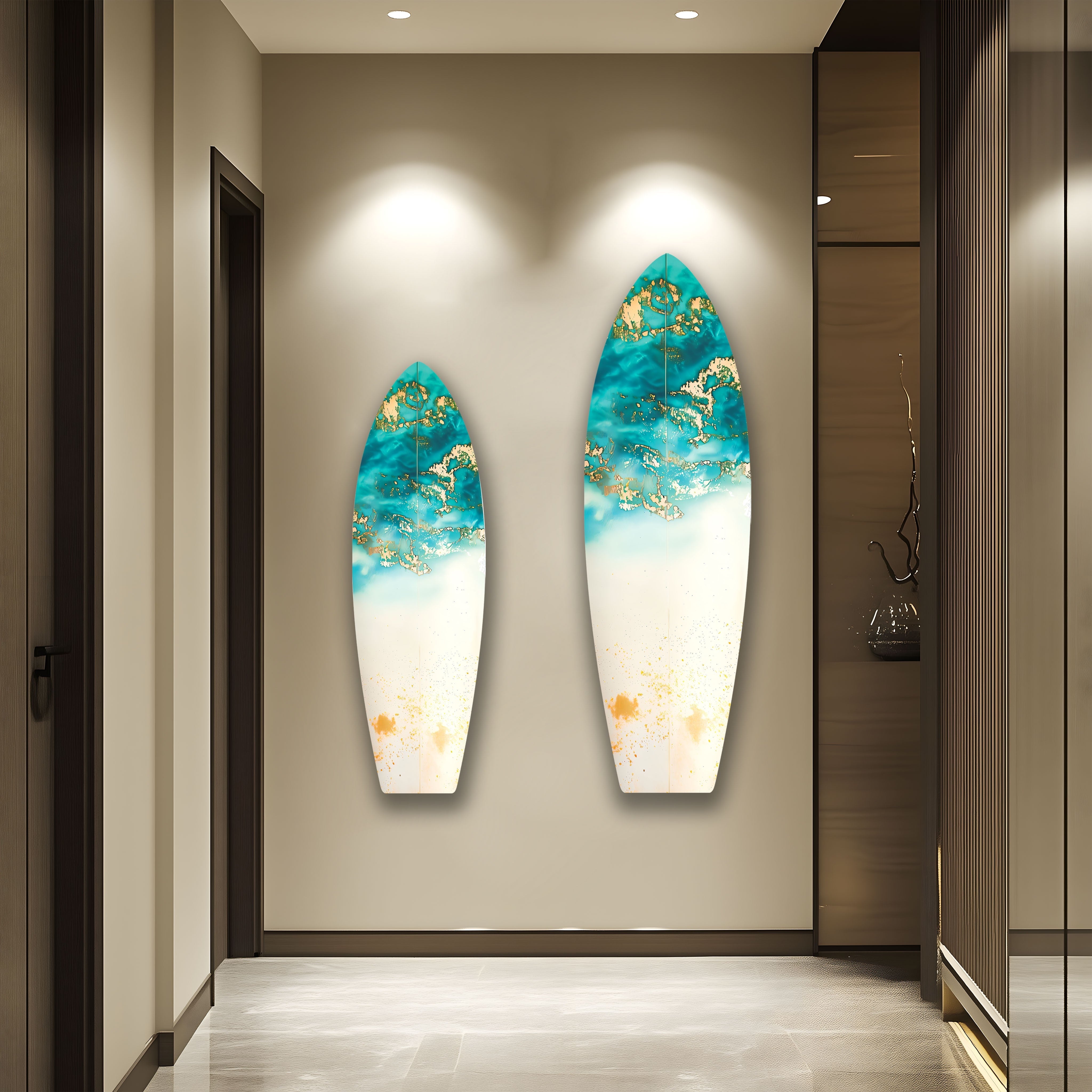 Blue Abstract Golden Details Surfboard Wall Art - Coastal Decor for Beach House, Living Room & Bedroom - Perfect Surfing Theme Home Decoration