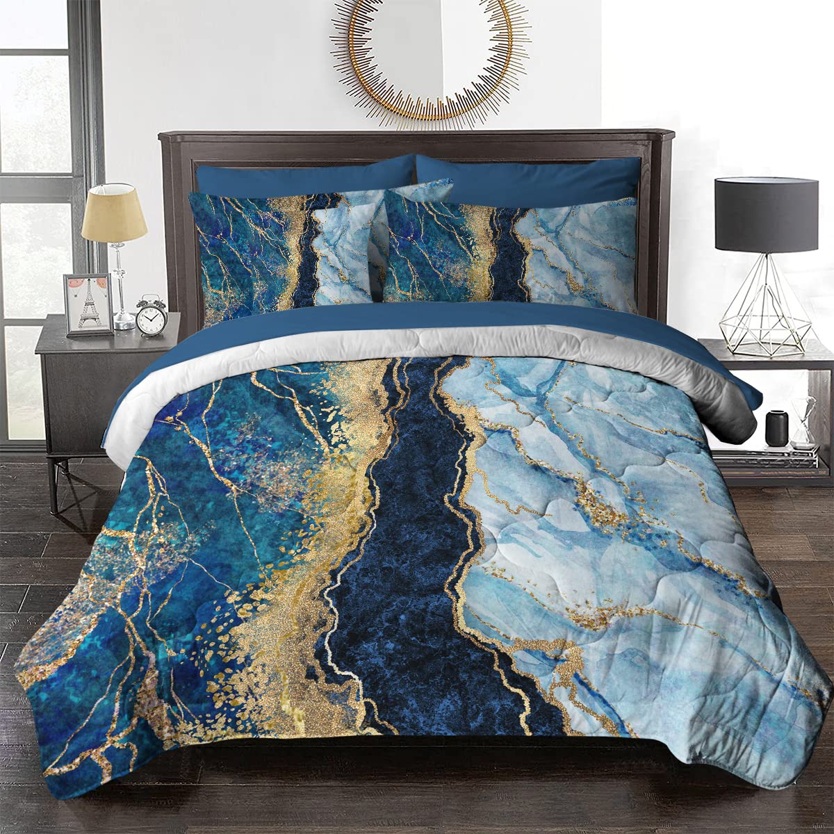 BlessLiving 8-Piece King Size Marble Bedding Set - Navy Blue & Gold Glitter Comforter with Pillowcases, Shams & Sheets - Modern Luxury Bed in A Bag - Perfect for Master Bedrooms, Guest Rooms & Hotel Style Decor