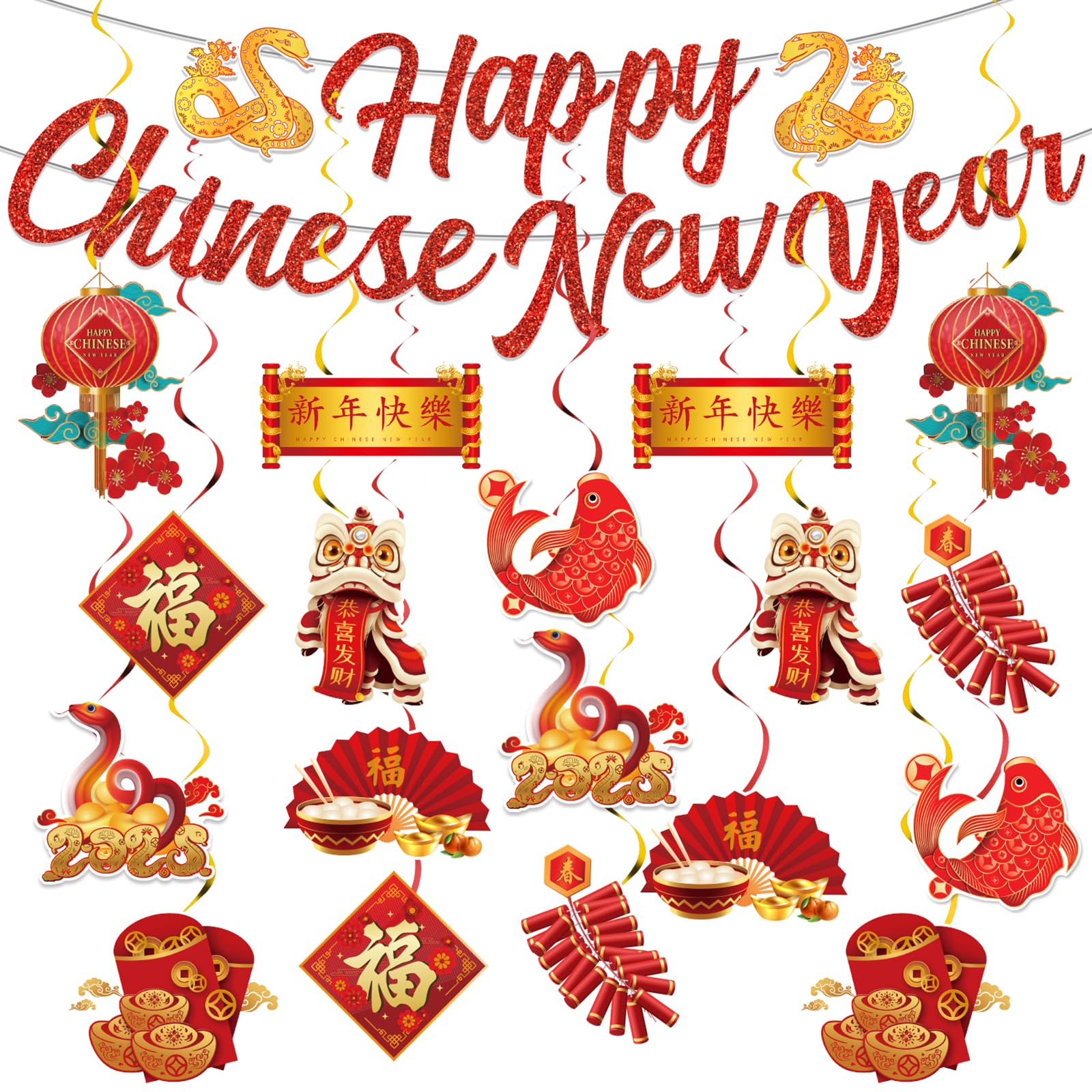 2025 Chinese New Year Snake Decorations - 19Pcs Red Lunar Spring Festival Hanging Swirls, Ceiling Ornaments for Home Party, Office & Restaurant Decoration | Year of the Snake Party Supplies
