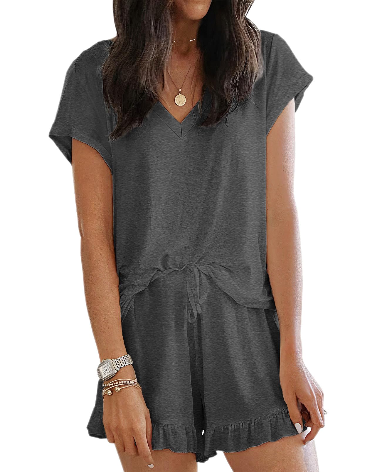 LuckyMore Women's Soft Short Sleeve V-Neck Pajama Set - Breathable Lounge Sleepwear with Comfortable Shorts for Summer Nights & Relaxing at Home